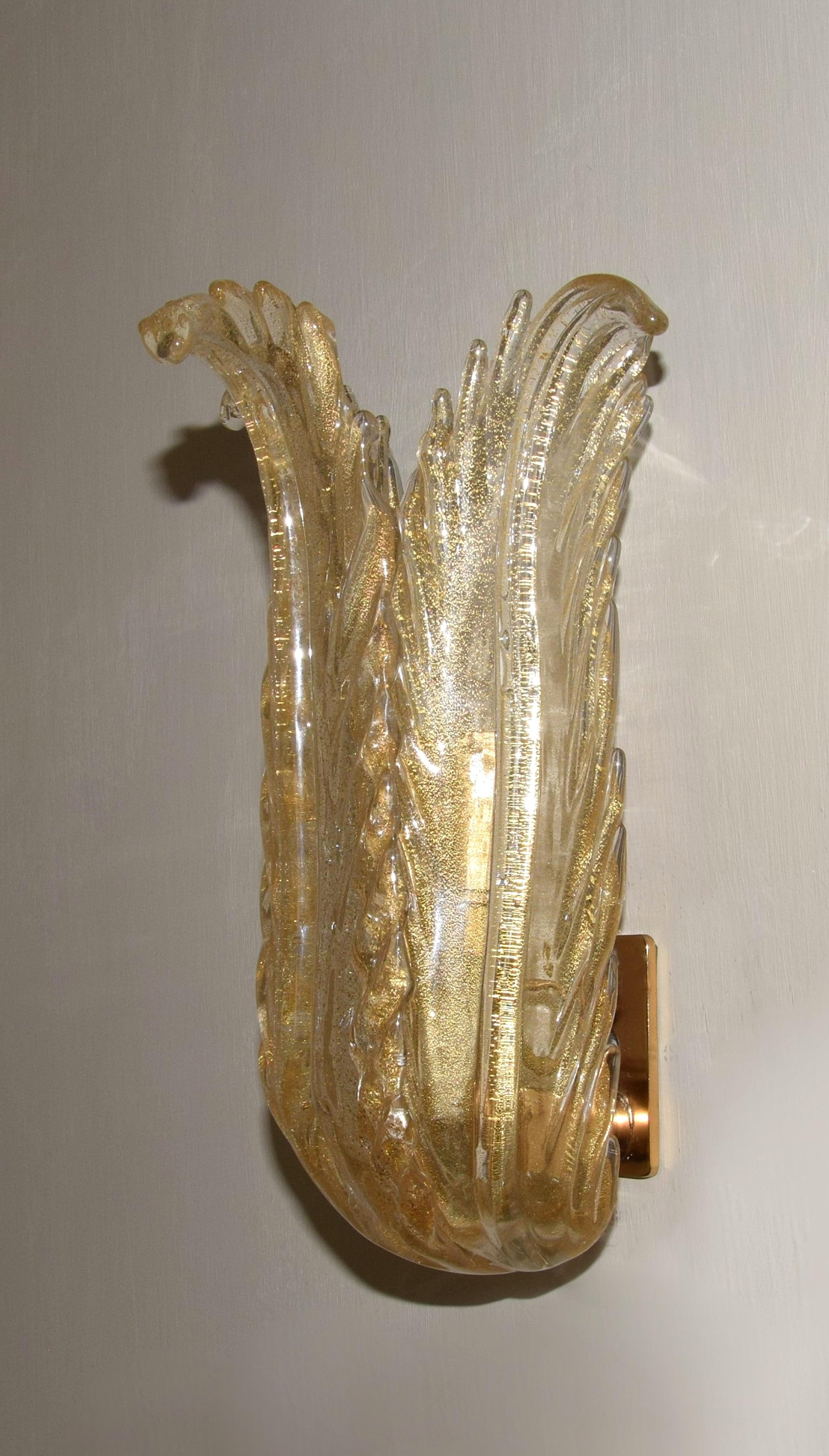 Seguso Vetri D' Arte 1950er Jahre dokumentiert Aventurin Glas Blatt Wandleuchter 