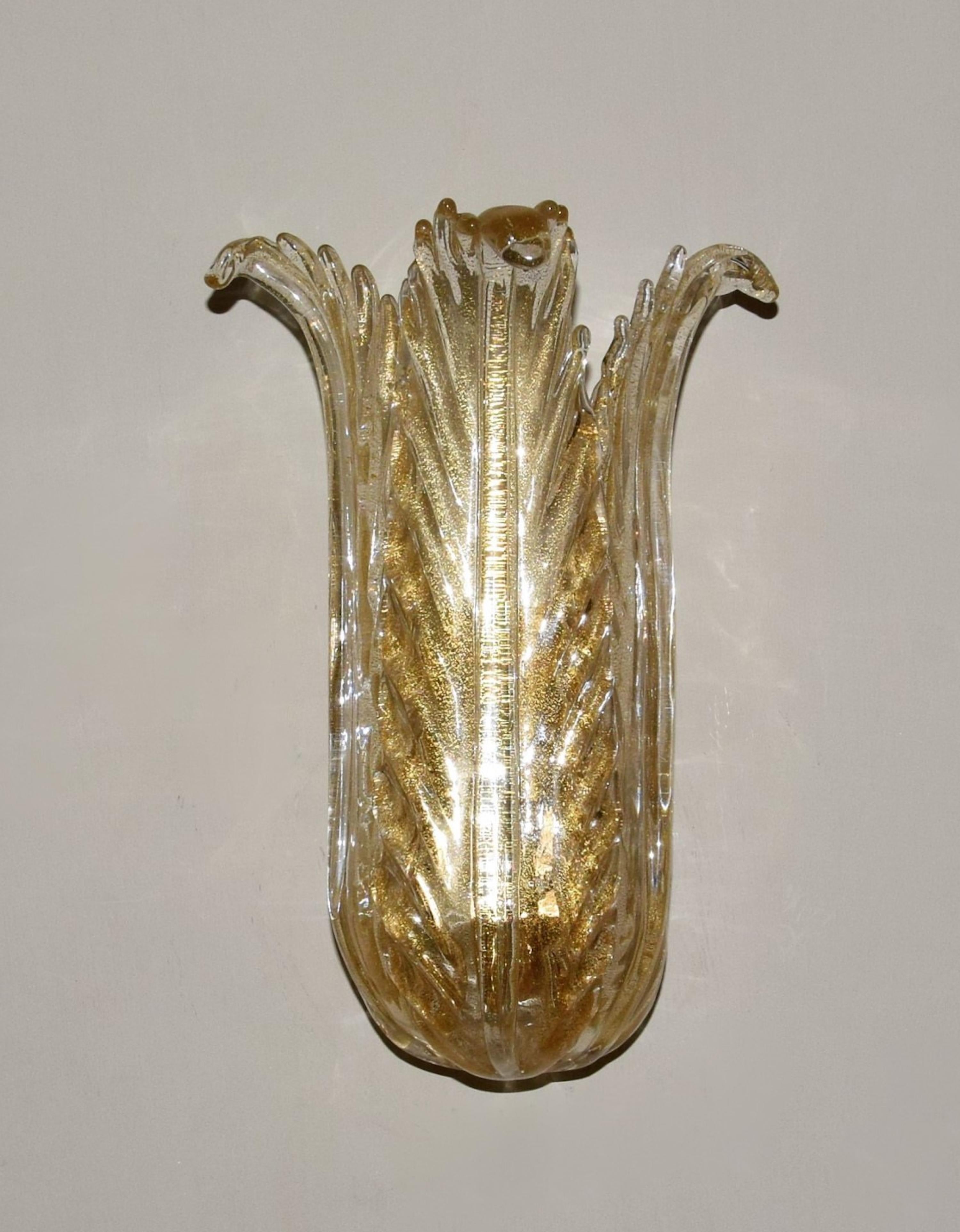 Seguso Vetri D' Arte 1950er Jahre dokumentiert Aventurin Glas Blatt Wandleuchter 
