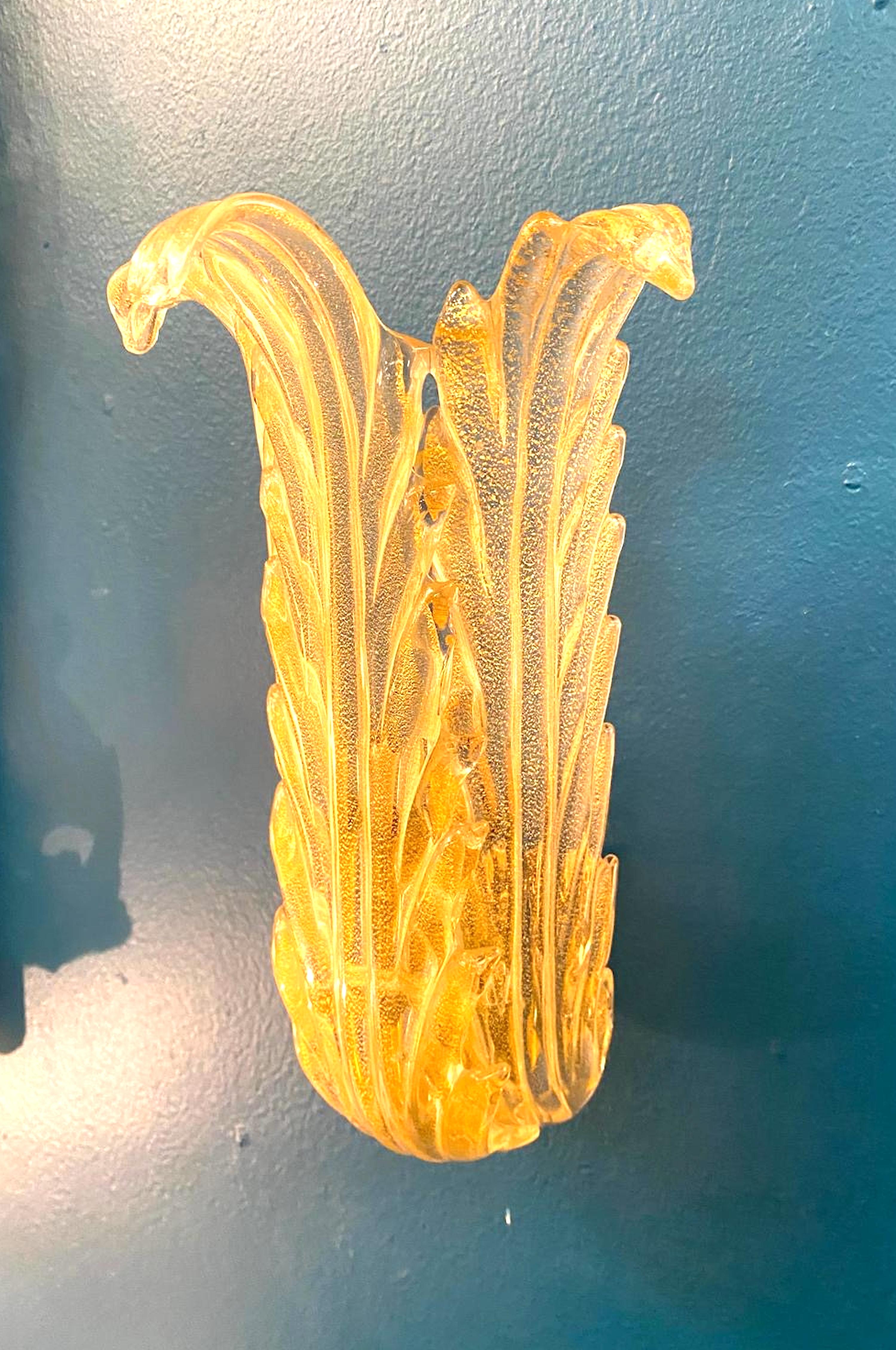 Seguso Vetri D' Arte 1950er Jahre dokumentiert Aventurin Glas Blatt Wandleuchter 