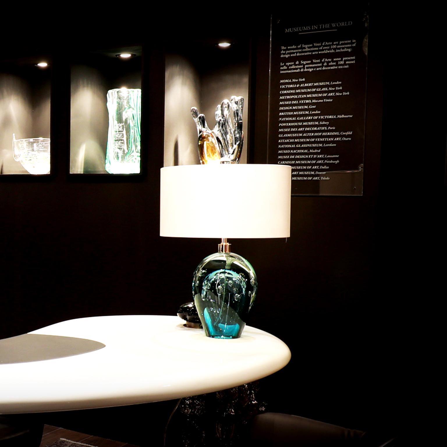Hand-Crafted Seguso Vetri d'Arte Bolle Table Lamp Aqua, Gray, Clear, Murano Glass For Sale