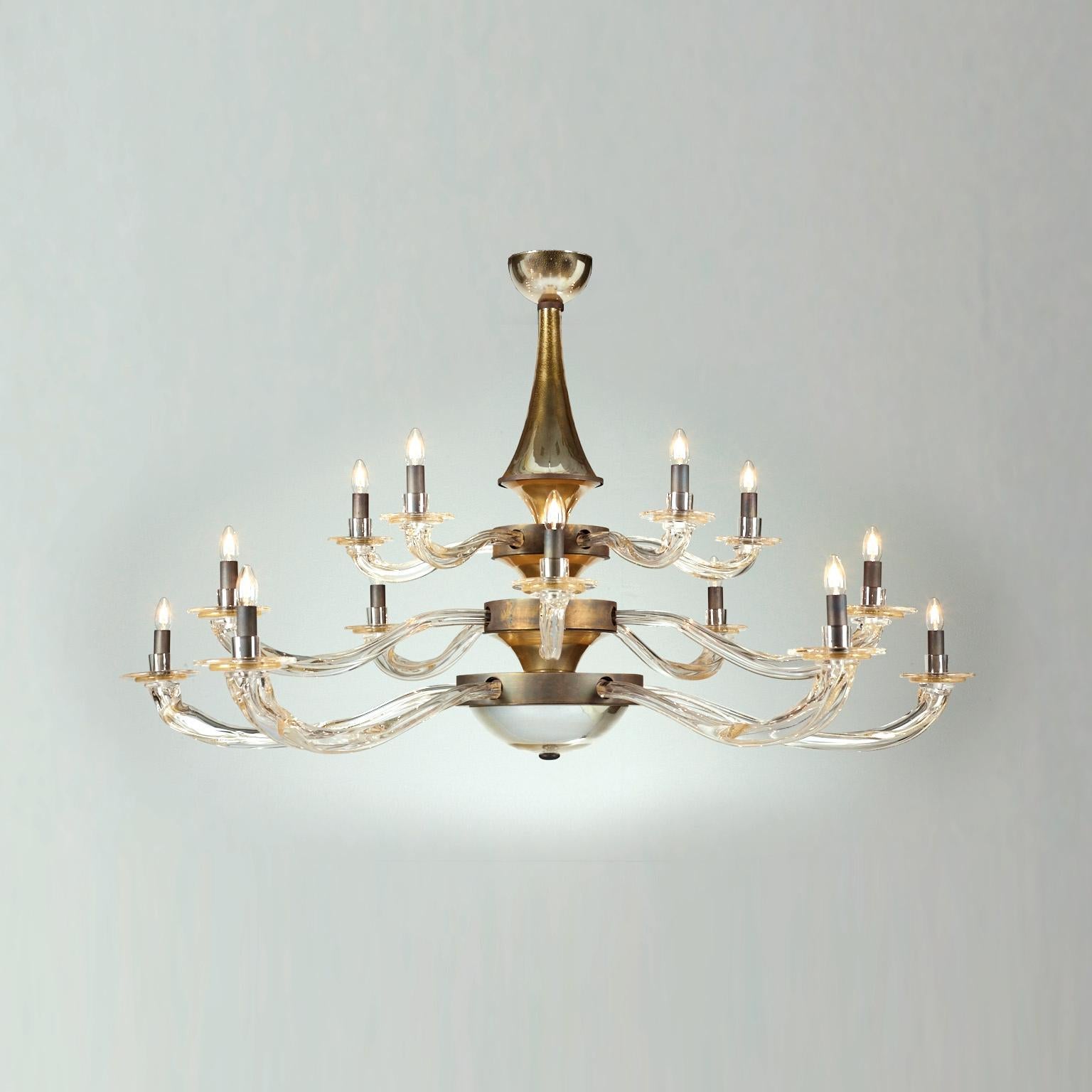 Contemporary Seguso Vetri d'Arte Murano Glass Nelle Alpi Chandelier, Clear Gold and Bronze For Sale