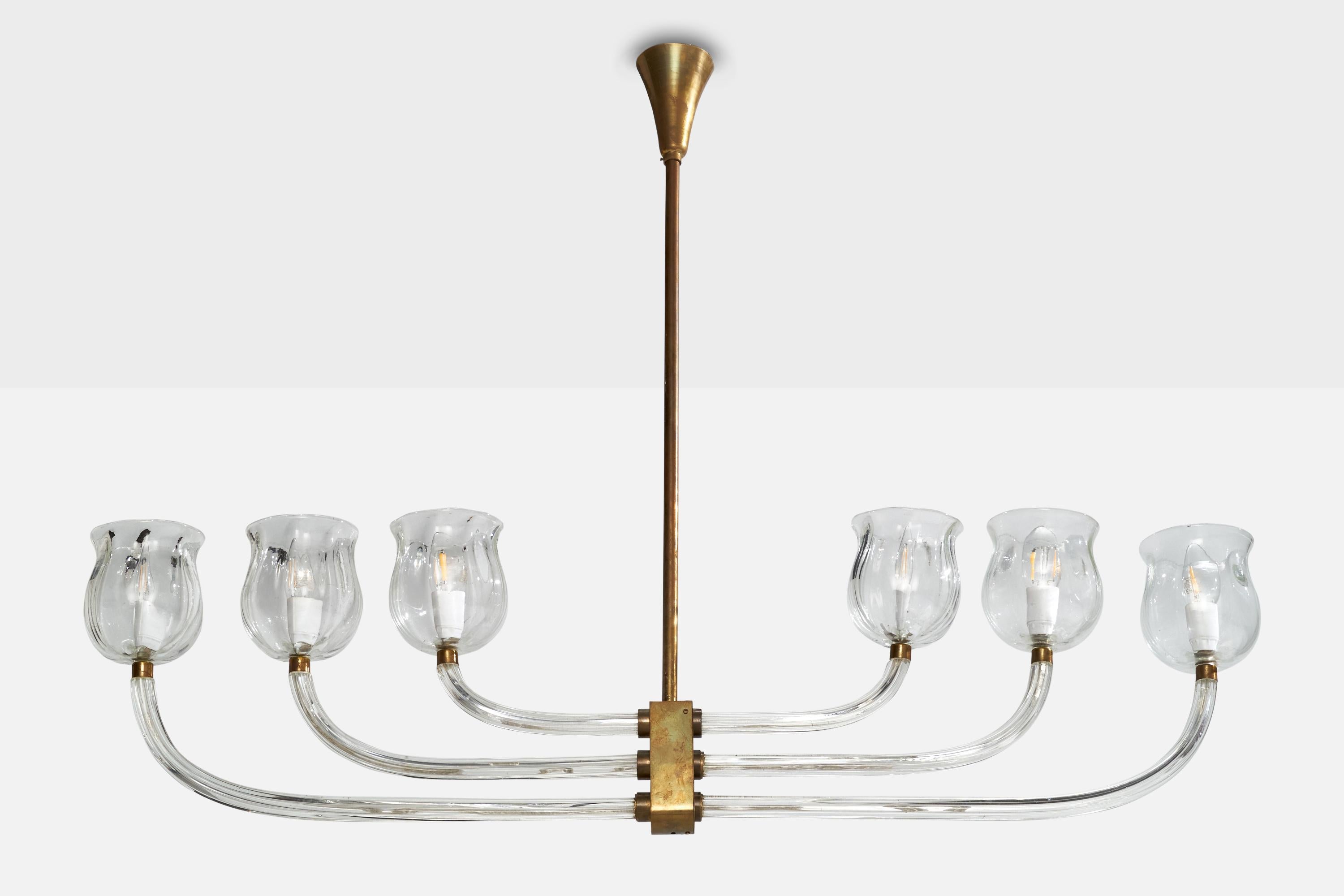 Lampadario in vetro di Murano e ottone attribuito a Seguso Vetri d'Arte, Italia, anni '30 circa.

Dimensioni complessive (pollici): 39,25