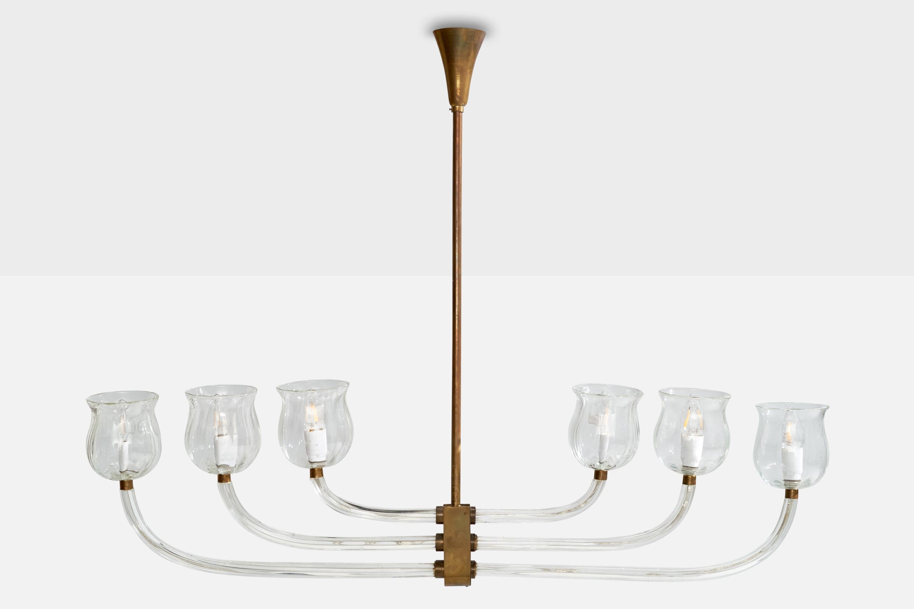 Italiano Seguso Vetri d'Arte Attribuzione, lampadario, vetro di Murano, ottone, Italia, anni '30 in vendita