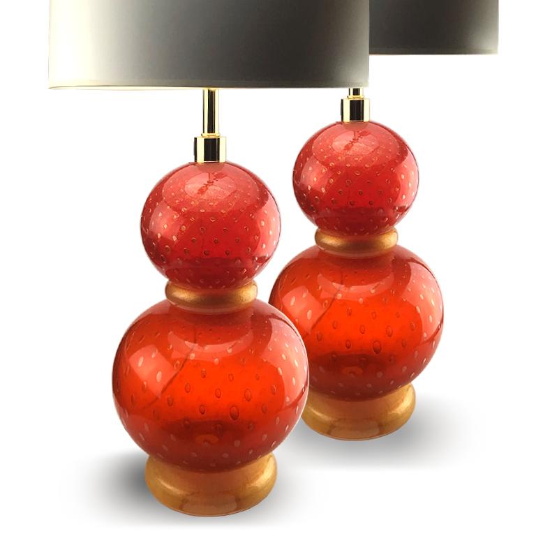 Italian Seguso Vetri d'Arte Bollinato Table Lamp Red, Set of 2, Murano Glass For Sale