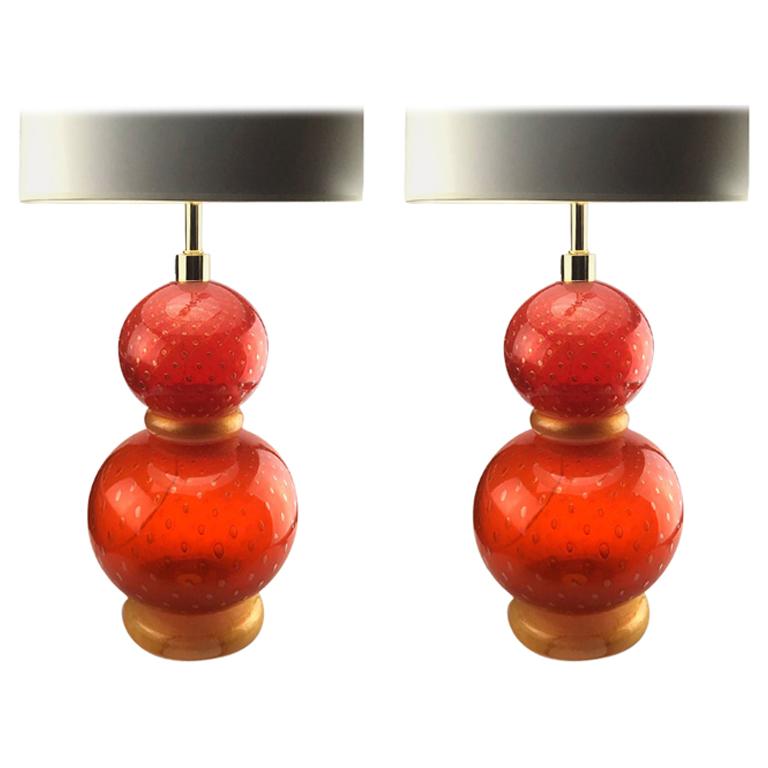 Seguso Vetri d'Arte Bollinato Lampe de Table Rouge:: Set of 2:: Murano Glass