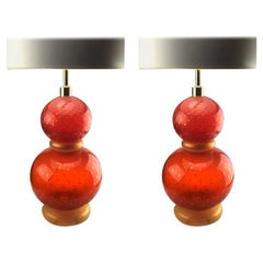 Seguso Vetri d'Arte Bollinato Table Lamp Red, Set of 2, Murano Glass