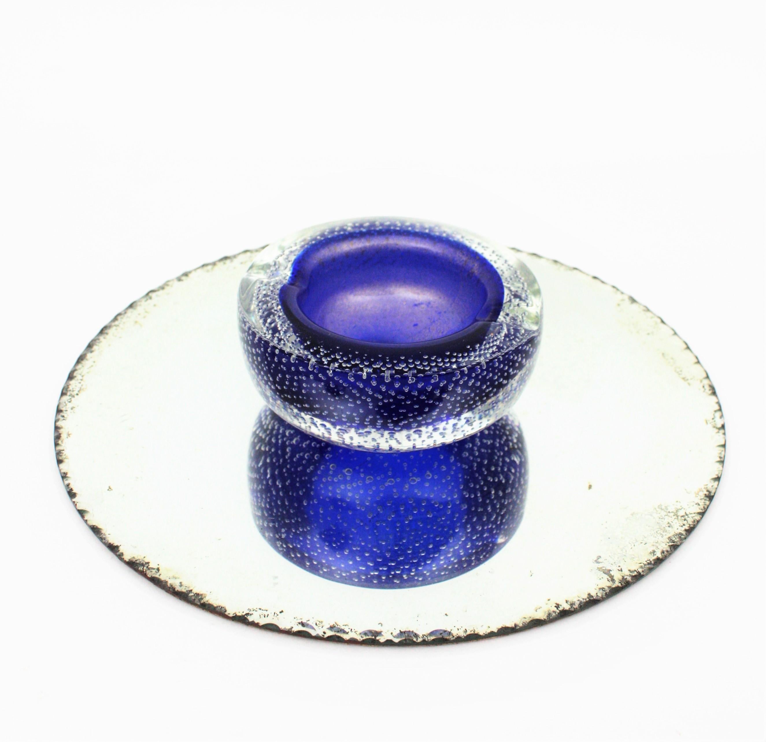 Seguso Vetri d'Arte Murano Bullicante Blue Art Glass Bowl / Ashtray For Sale 7