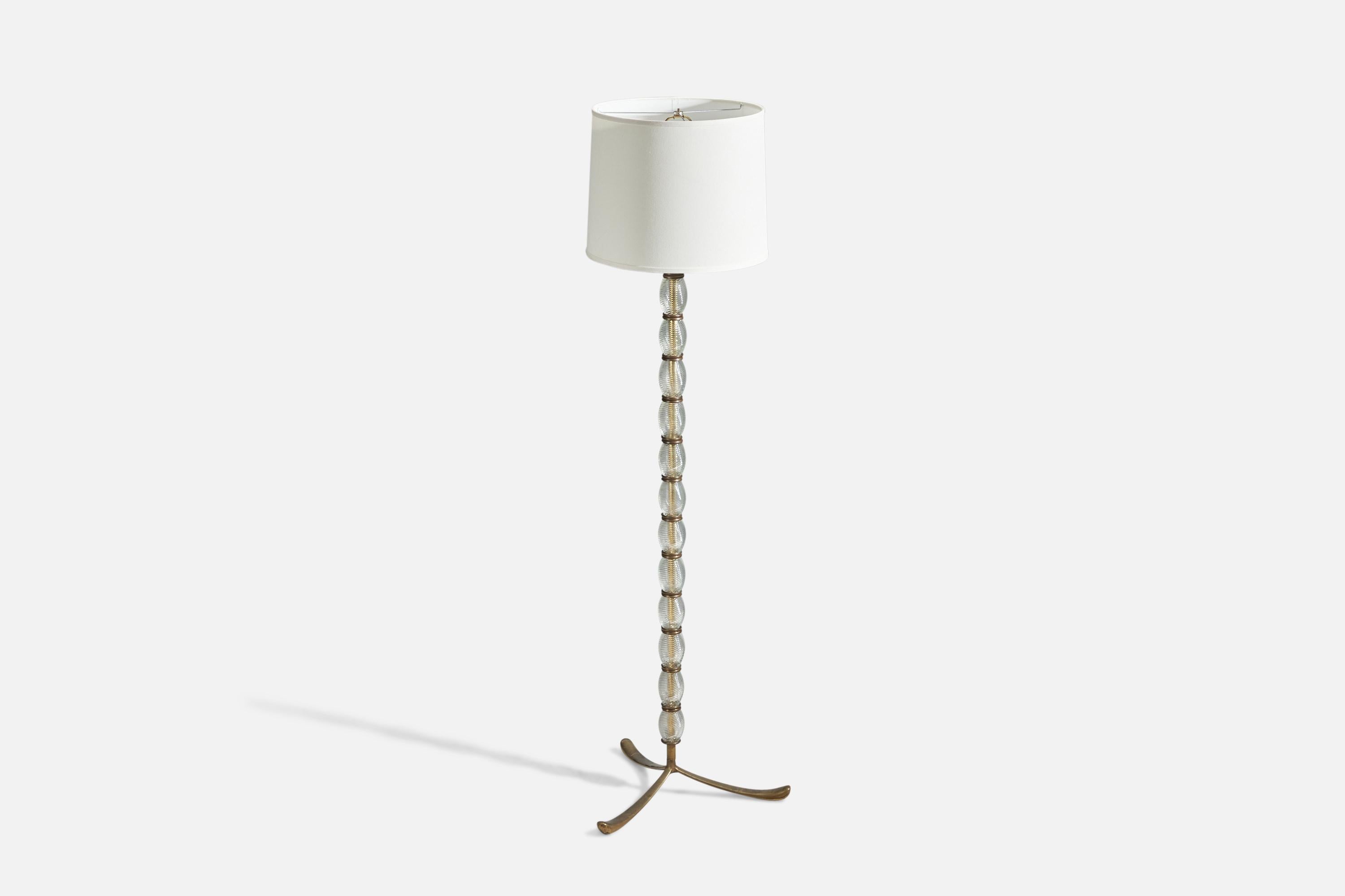 Mid-Century Modern Seguso Vetri d'Arte, Floor Lamp, Brass, Murano Glass, White Fabric, Italy, 1940s For Sale