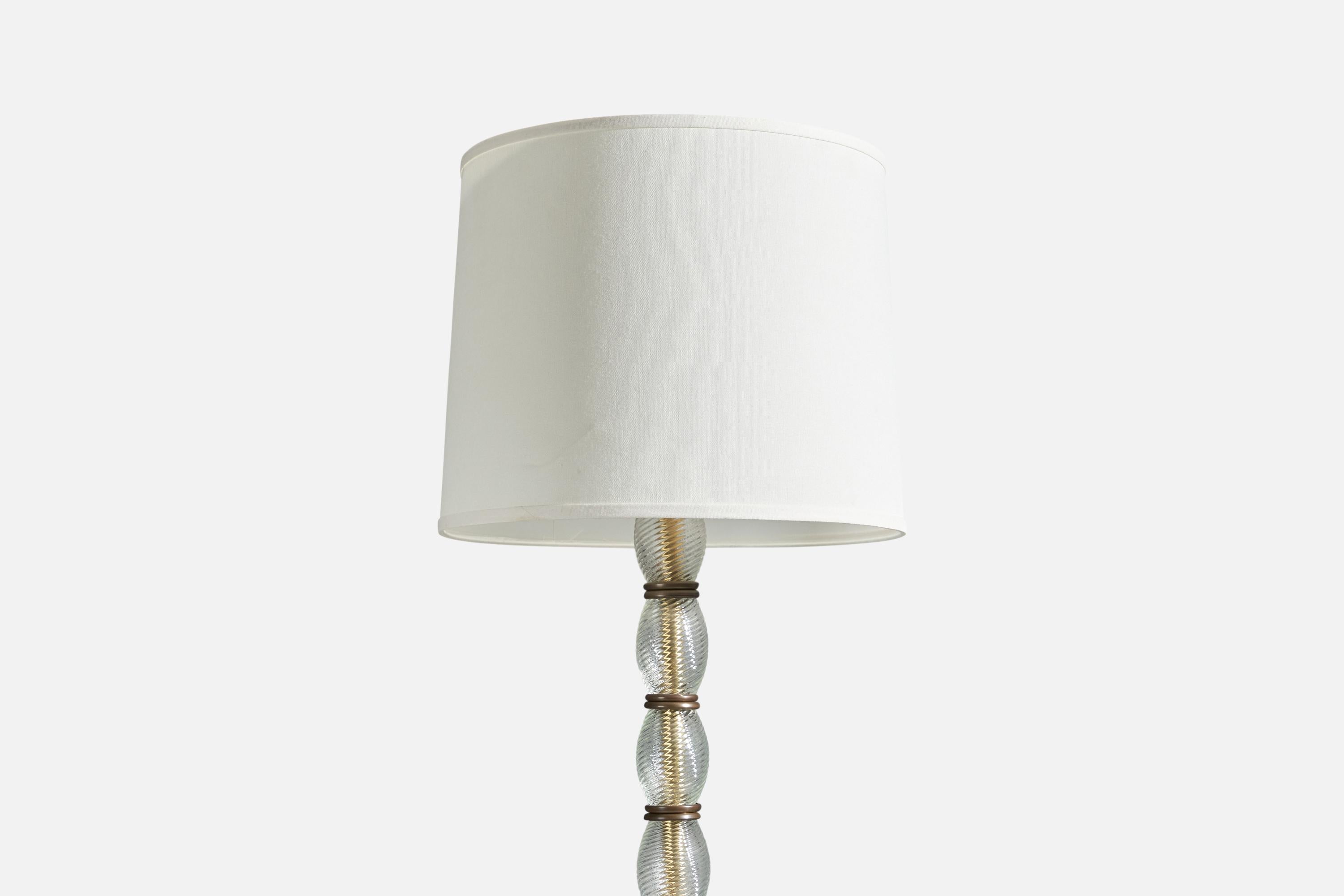 Seguso Vetri d'Arte, Floor Lamp, Brass, Murano Glass, White Fabric, Italy, 1940s In Good Condition For Sale In High Point, NC