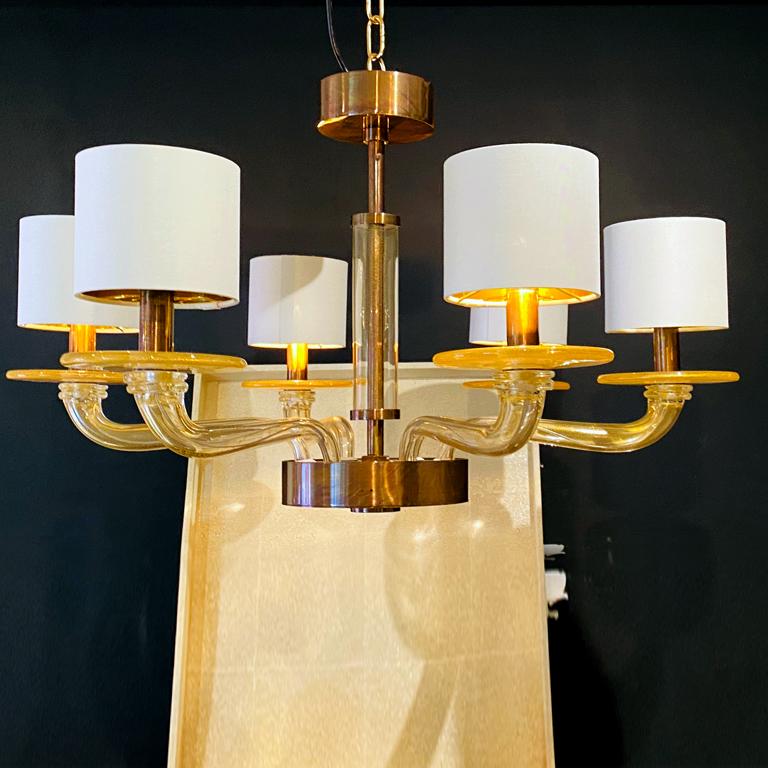 Hand-Crafted Seguso Vetri d'Arte Gold Modern Chandelier, Burnished Murano Glass For Sale