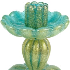 Seguso Vetri d'Arte Green Pulegoso Gold Flecks Italian Art Glass Candlesticks