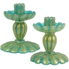 Seguso Vetri d'Arte Green Pulegoso Gold Flecks Italian Art Glass Candlesticks