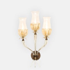 Seguso Vetri d'Arte Rare Pair of Large Three Arm Murano Gold Glass Sconces 1950s