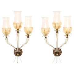 Retro Seguso Vetri d'Arte Rare Pair of Large Three Arm Murano Gold Glass Sconces 1950s