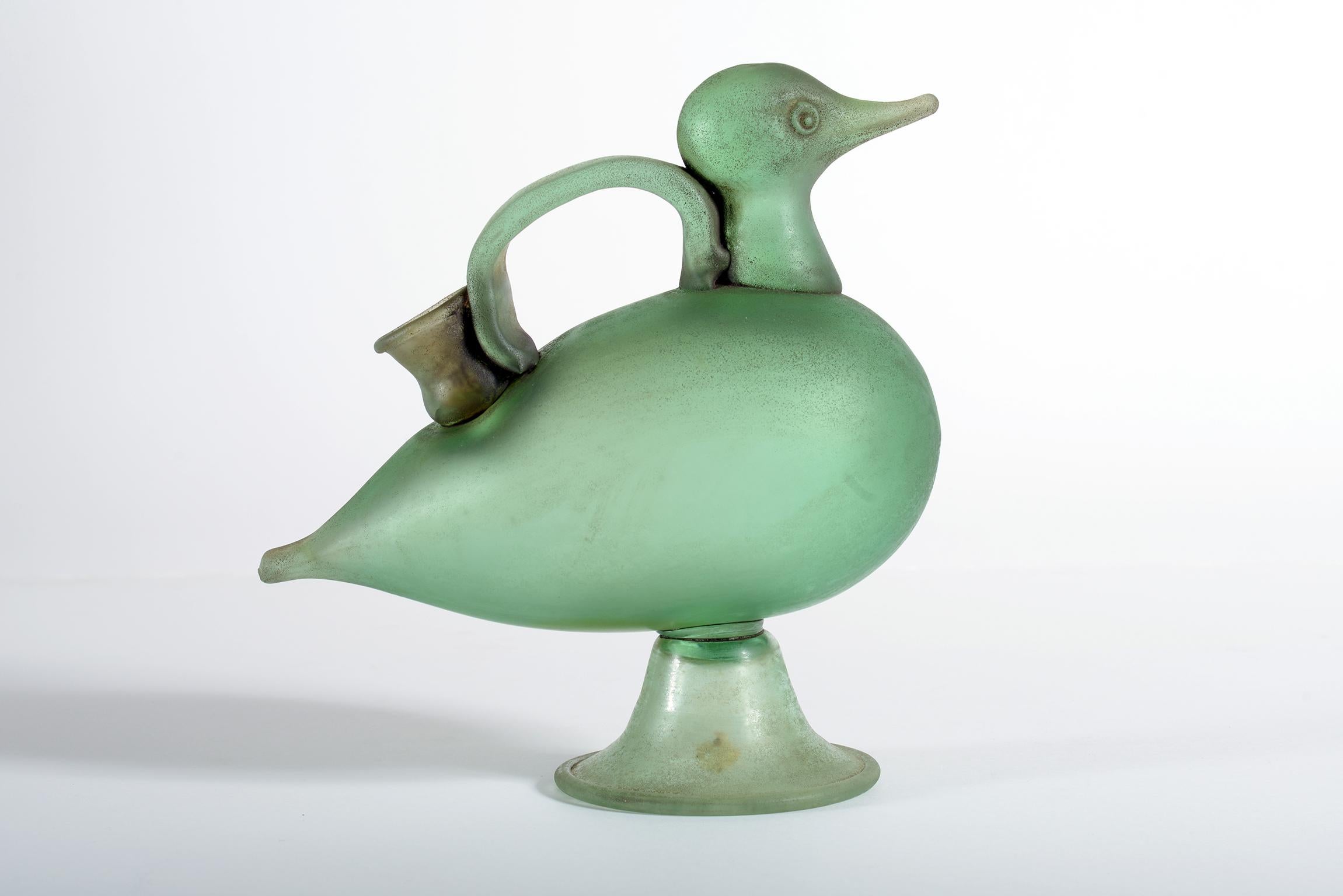 Mid-Century Modern Seguso Vetri D'Arte Midcentury Duck-Shaped Acid-Etched Murano Blown Glass Vase For Sale