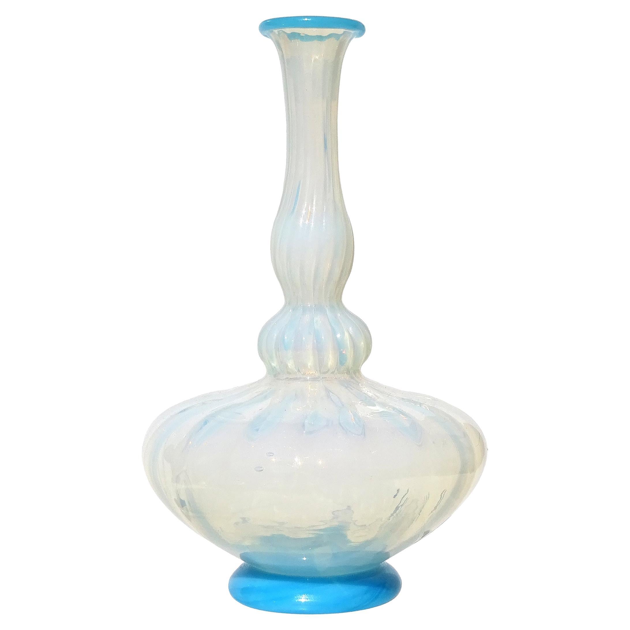 Seguso Vetri d'Arte Murano Antique Blue Opalescent Italian Art Glass Flower Vase
