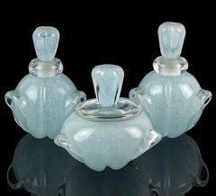 Seguso Vetri d'Arte Murano Blue Pulegoso Bubbles Italian Art Deco 3Pc Set