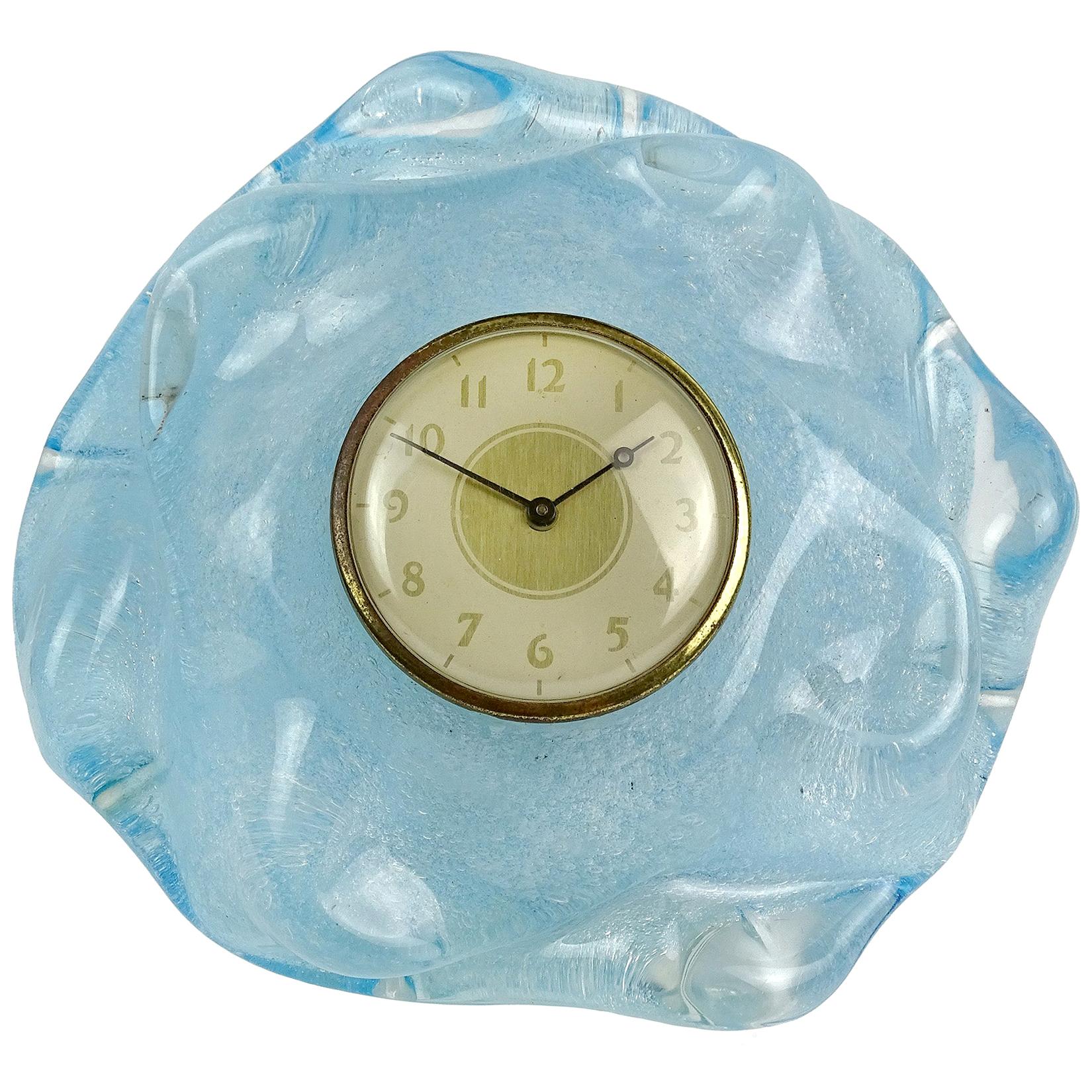 Horloge de bureau en verre d'art italien Seguso Vetri d'Arte Murano à bulles bleu Pulegoso
