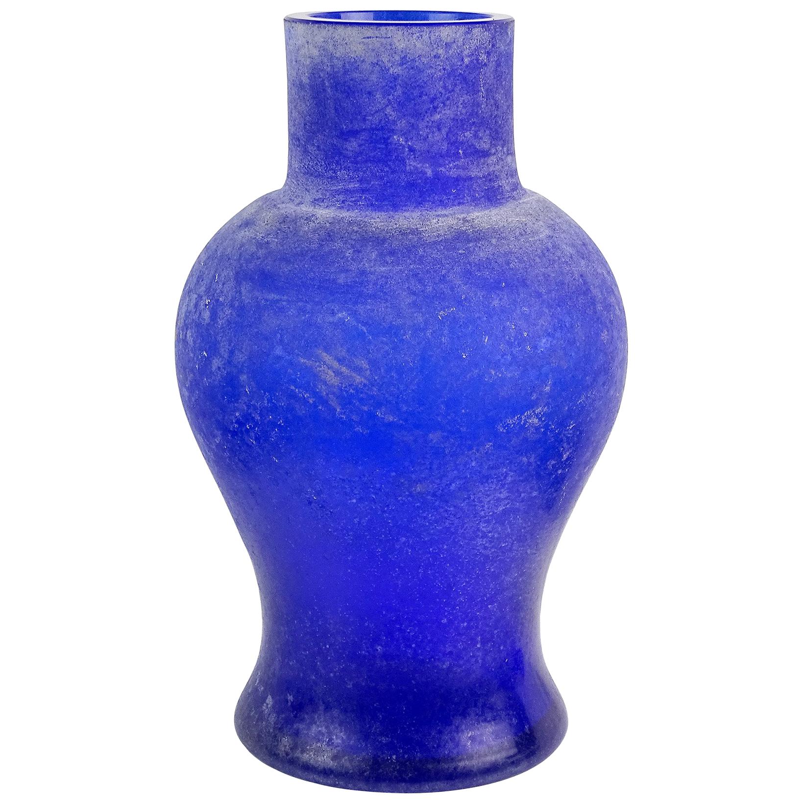 Seguso Vetri d'Arte Murano Blue Scavo Texture Italian Art Glass Flower Vase