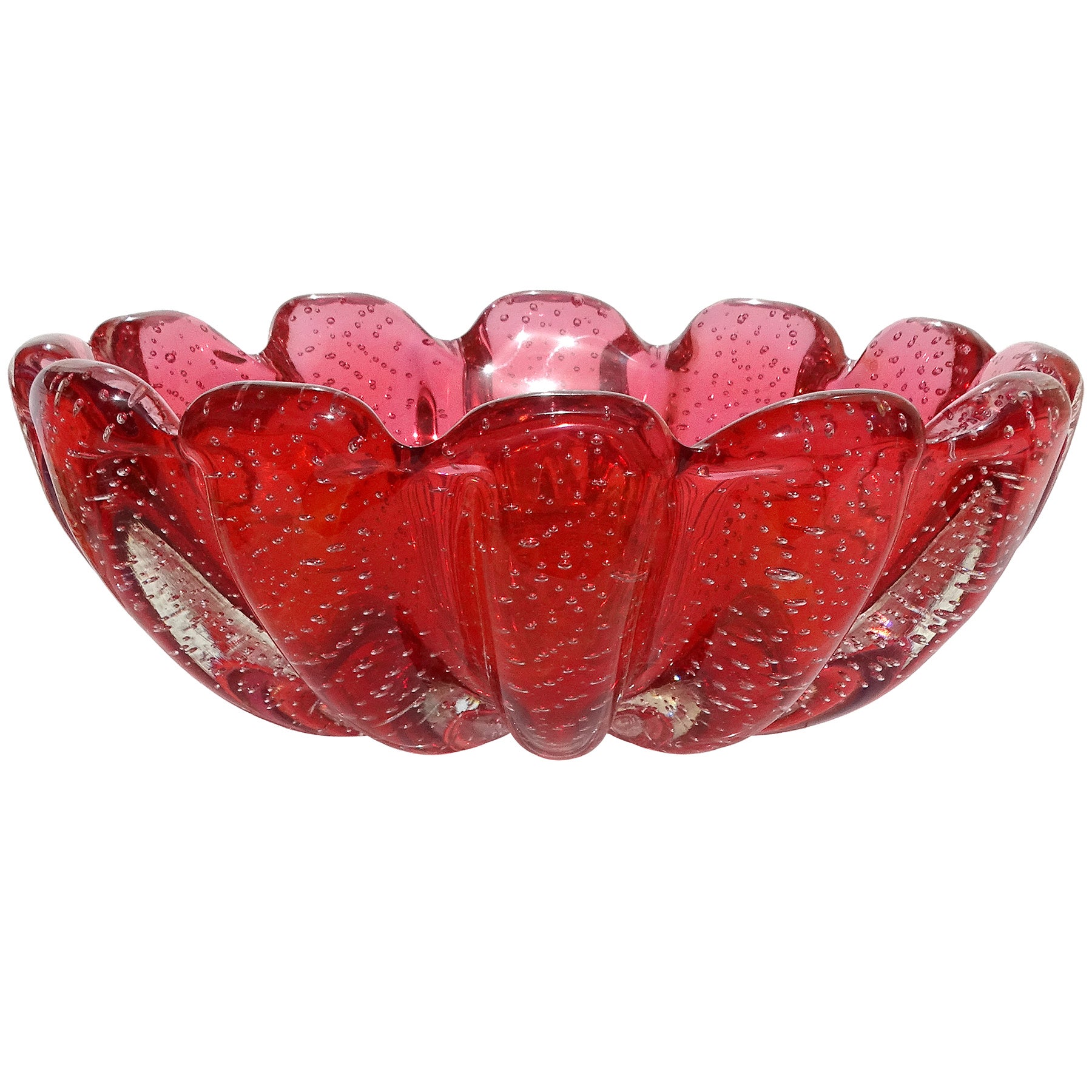 Bol en verre d'art italien Seguso Vetri d'Arte Murano rouge canneberge Sommerso bulles