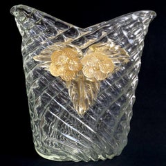 Seguso Vetri d'Arte Murano-Blumenvase aus gestepptem italienischem Kunstglas mit Diamanten in Gold
