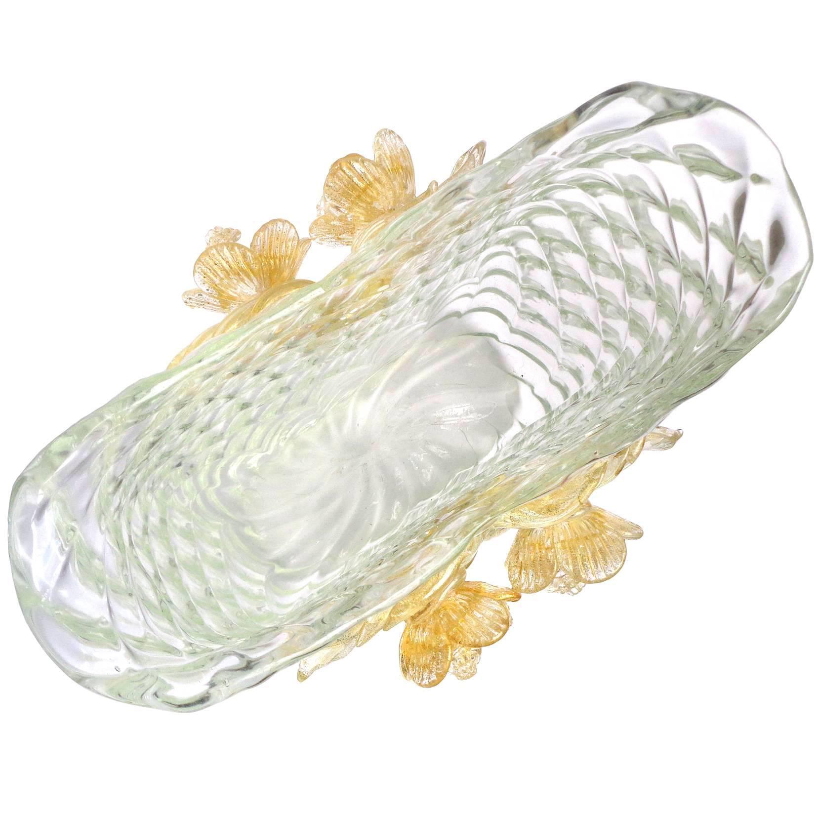 Hollywood Regency Seguso Vetri d'Arte Murano Diamond Quilted Gold Italian Art Glass Flower Vase For Sale
