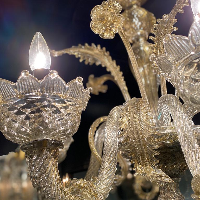 Italian Seguso Vetri d'Arte Murano Glass Albireo Venetian Gray Gold Chandelier 6 Lights For Sale