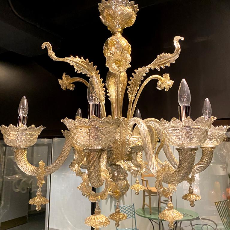 Seguso Vetri d'Arte Murano Glass Albireo Venetian Gray Gold Chandelier 6 Lights In Excellent Condition For Sale In Murano-Venice, IT