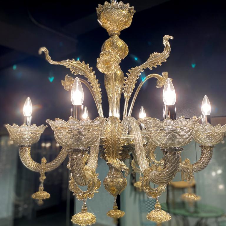 Contemporary Seguso Vetri d'Arte Murano Glass Albireo Venetian Gray Gold Chandelier 6 Lights For Sale