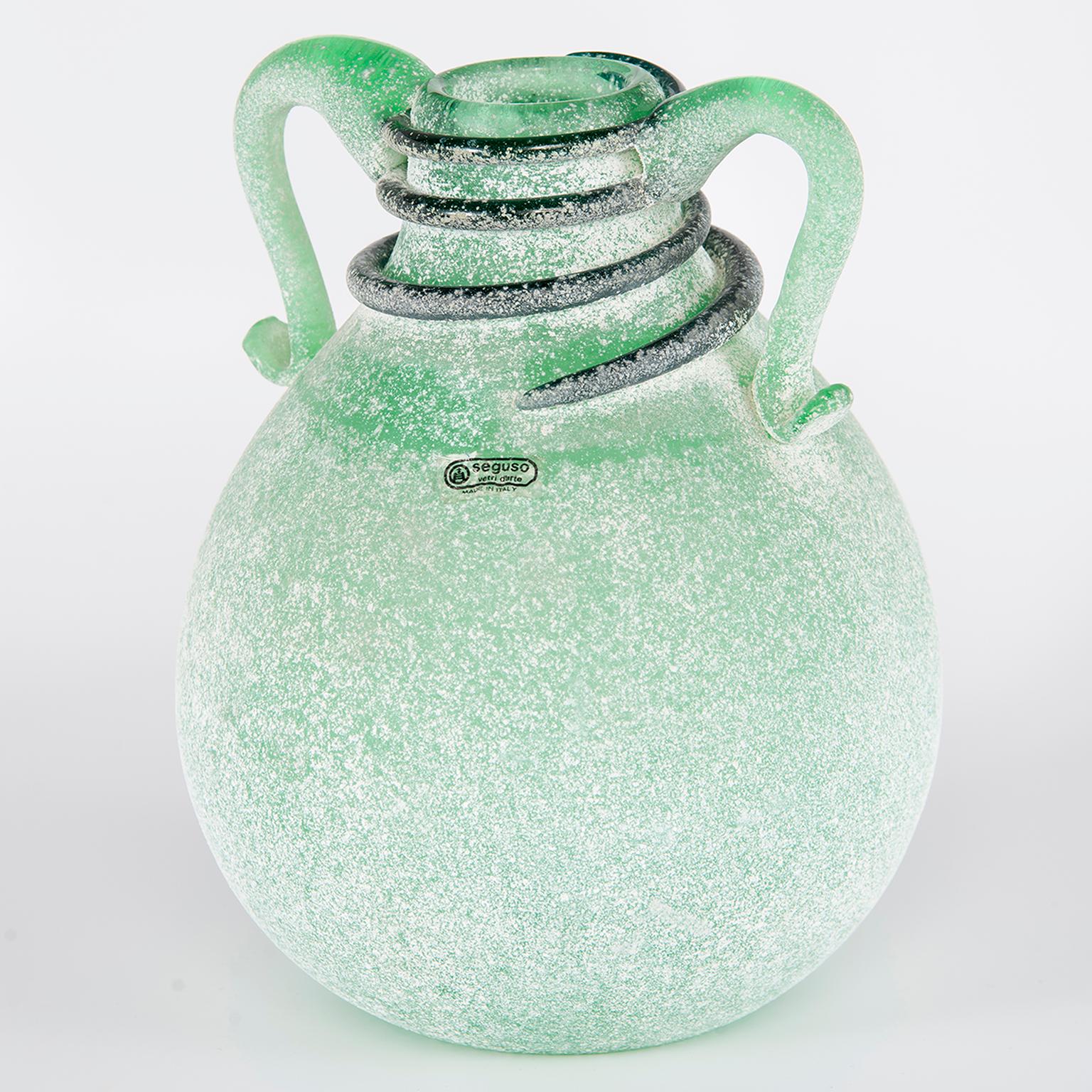 Italian Seguso Vetri d’Arte Murano Glass Green Scavo Vase