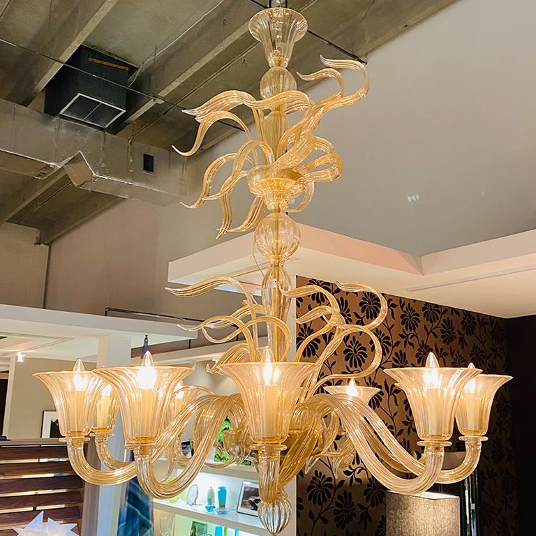 Italian Seguso Vetri d'Arte Murano Glass Vento gold Chandelier 10 Lights For Sale