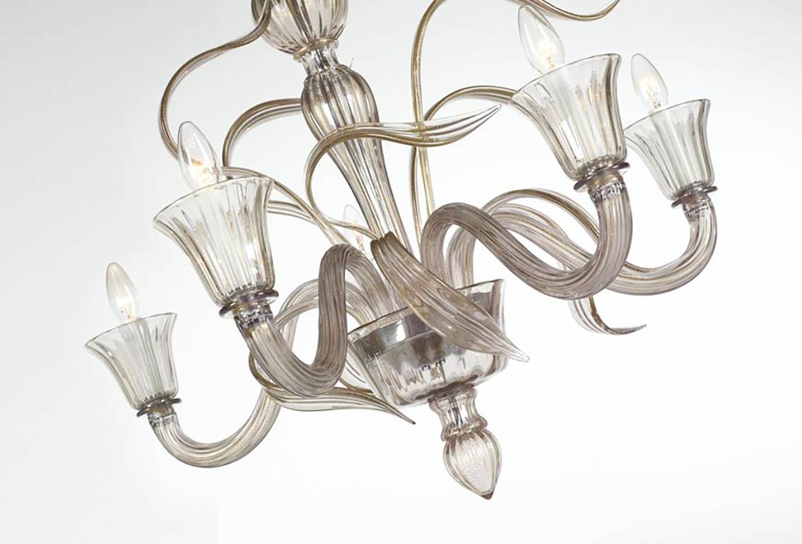 Italian Seguso Vetri d'Arte Murano Glass Vento grey gold Chandelier 5 Lights For Sale