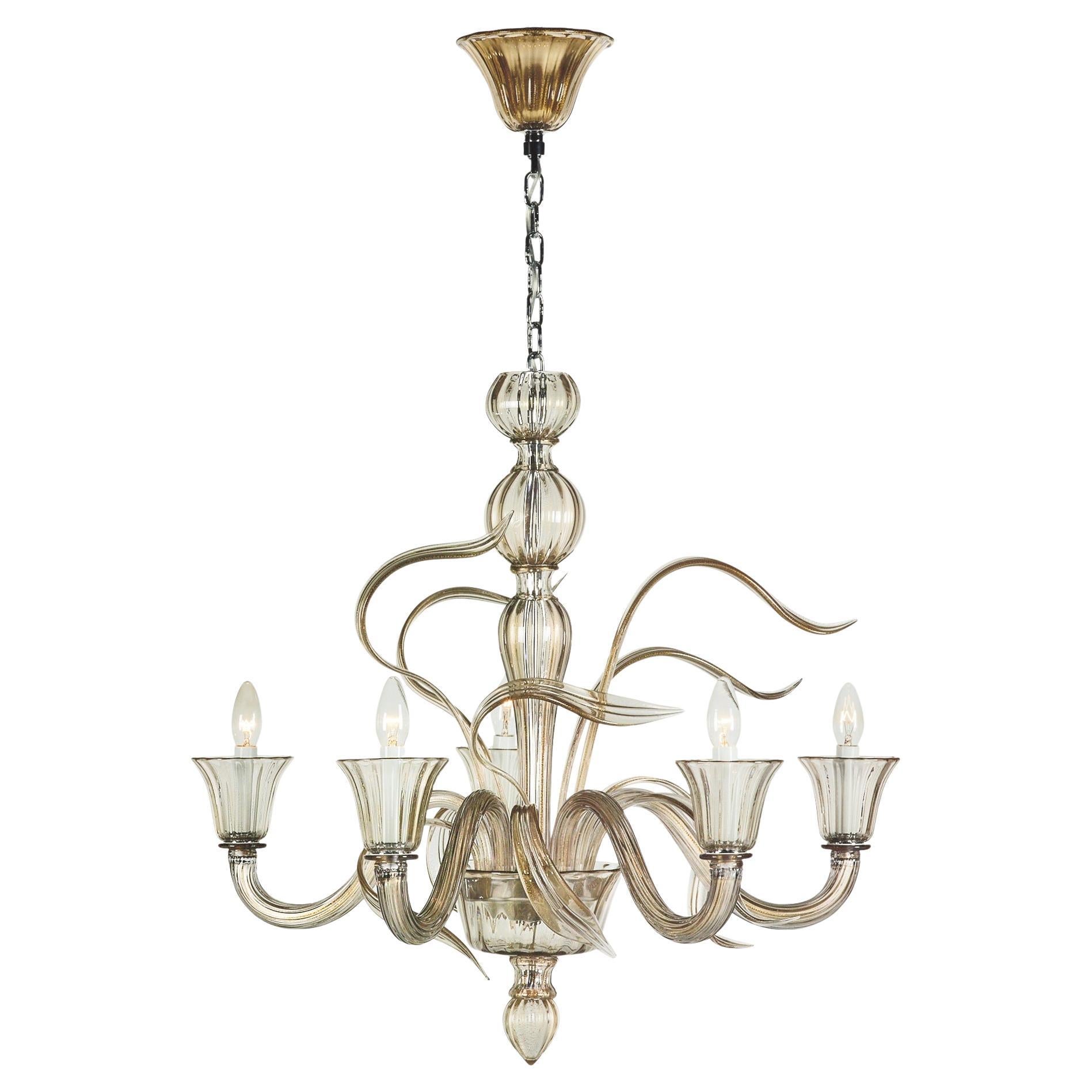 Seguso Vetri d'Arte Murano Glass Vento grey gold Chandelier 5 Lights For Sale