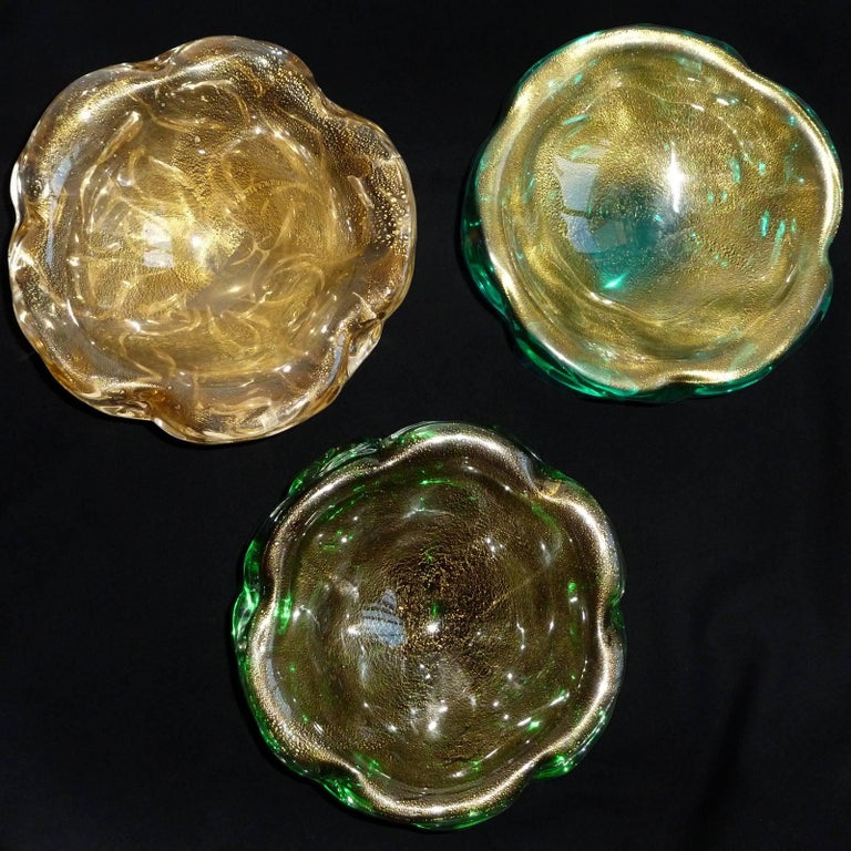 Art Deco Seguso Vetri d'Arte Murano Gold Flecks Coral Design Italian Art Glass Ring Bowls For Sale
