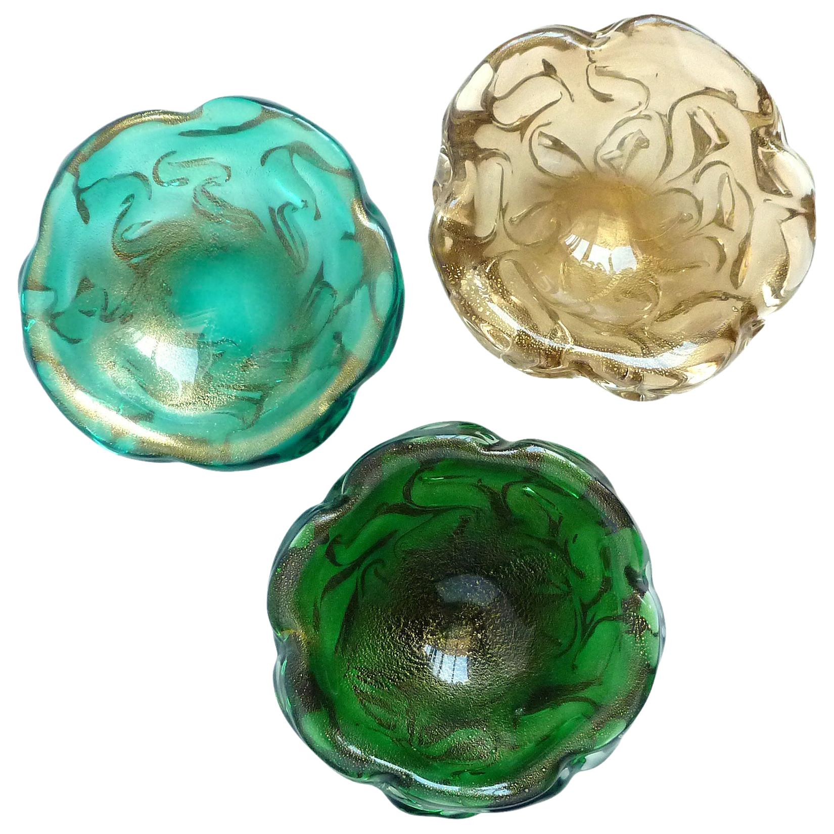 Seguso Vetri d'Arte Murano Gold Flecks Coral Design Italian Art Glass Ring Bowls