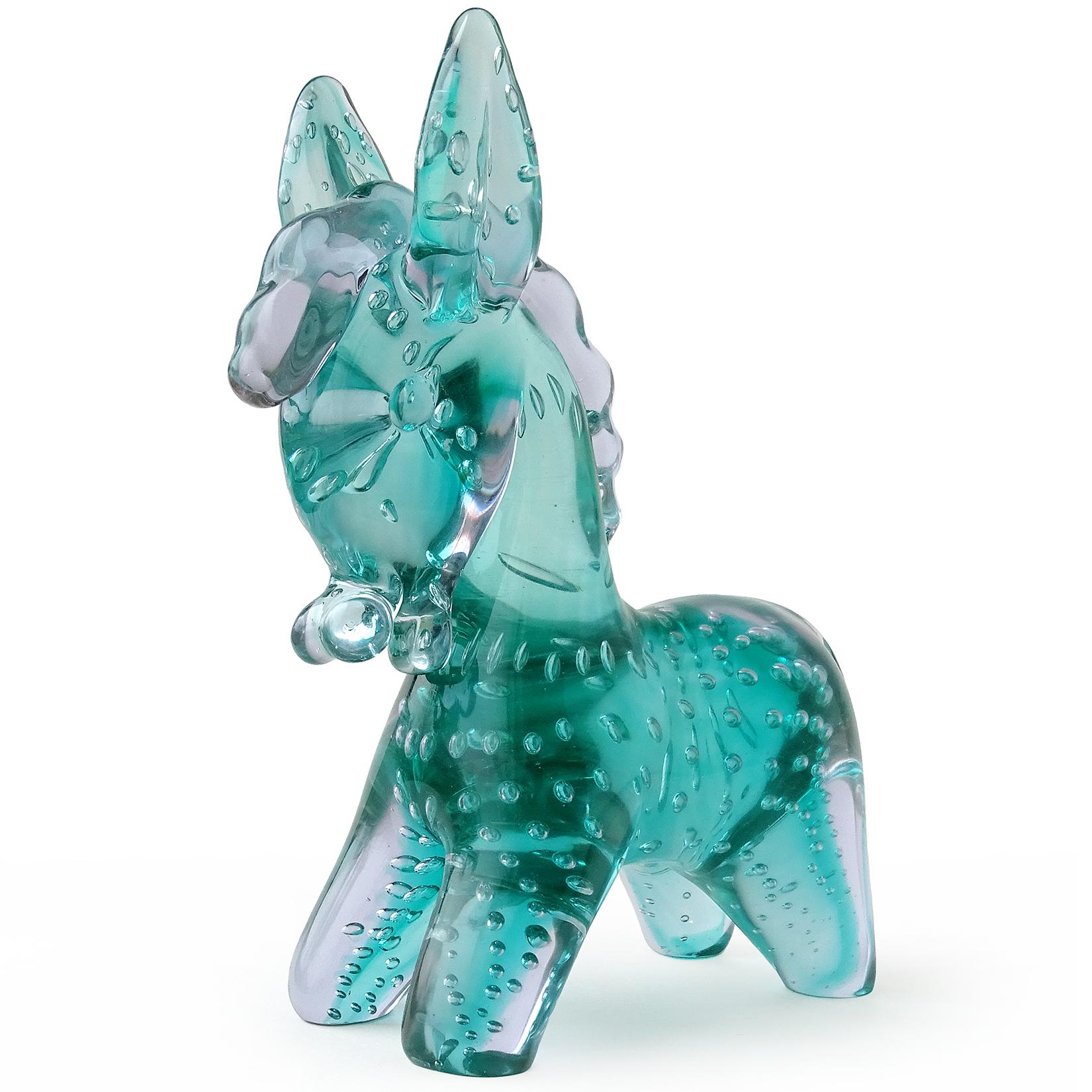 Beautiful older Murano hand blown Sommerso green with controlled bubbles Italian art glass donkey sculpture. Attributed to the Seguso Vetri d'Arte company. Created in the 