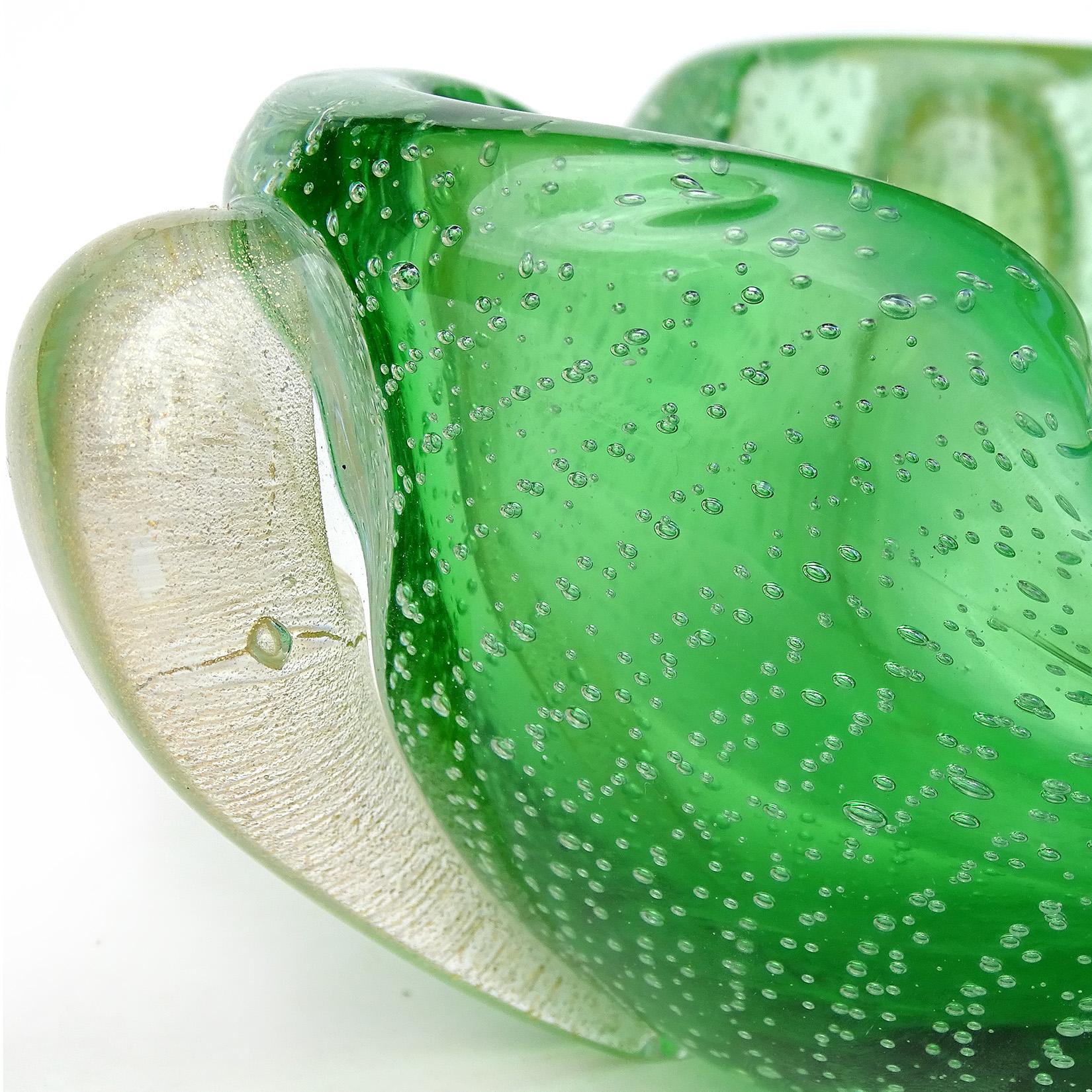 Art Deco Seguso Vetri d'Arte Murano Green Gold Sommerso Bubbles Italian Art Glass Bowl For Sale