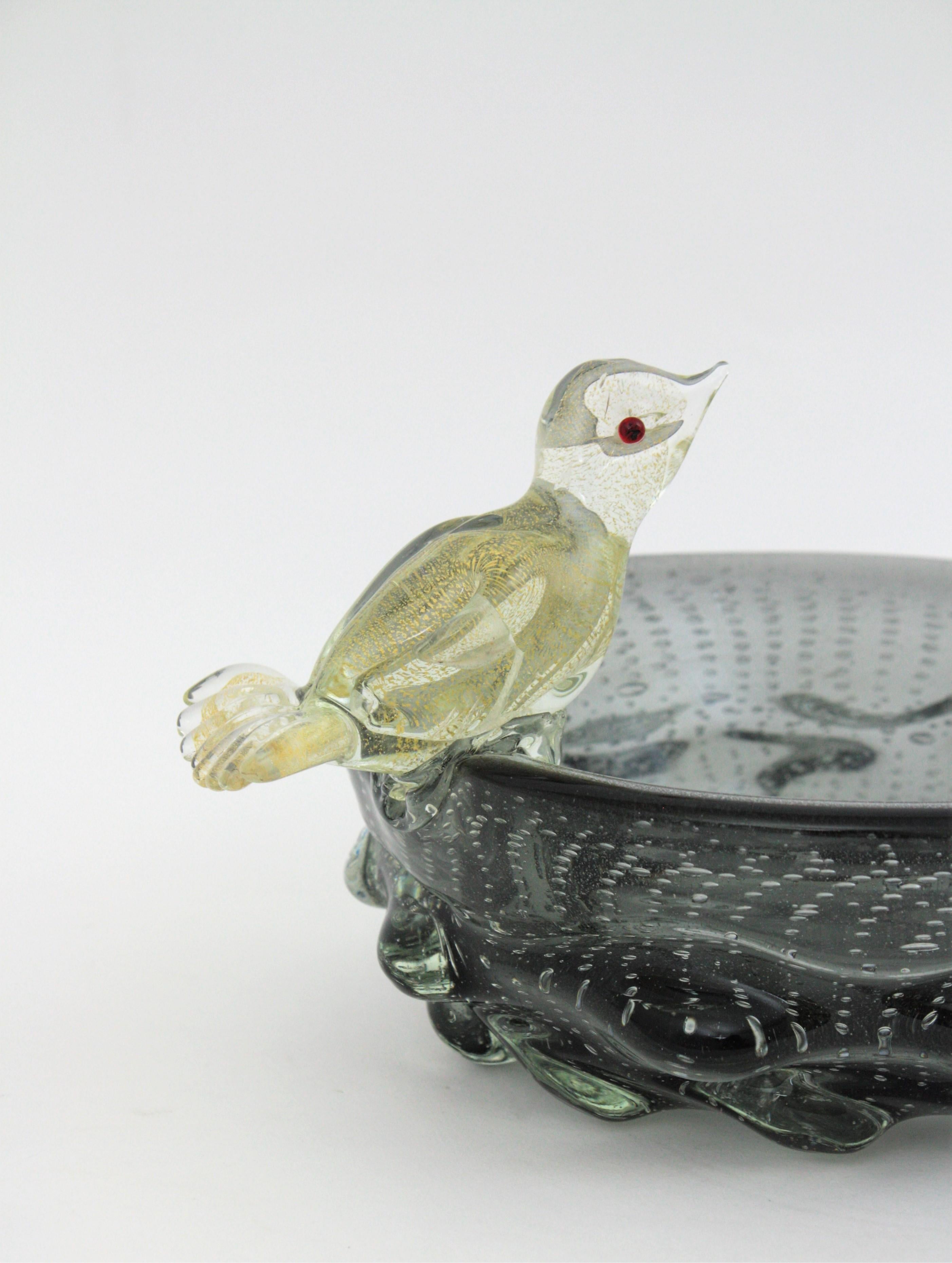 Seguso Vetri D'Arte Murano Grey Silver Gold Flecks Bird Glass Centerpiece / Bowl 3