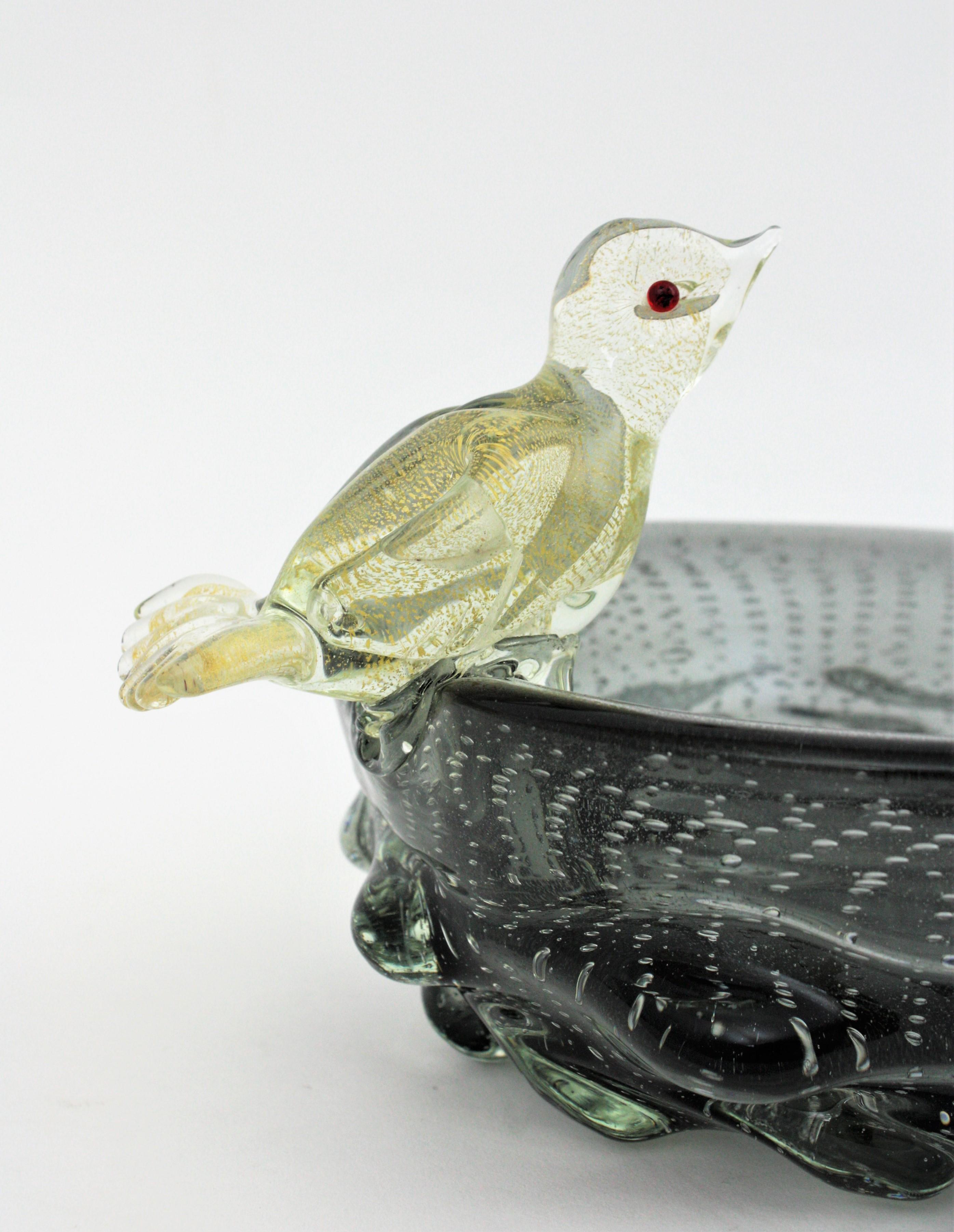 Seguso Vetri D'Arte Murano Grey Silver Gold Flecks Bird Glass Centerpiece / Bowl 4