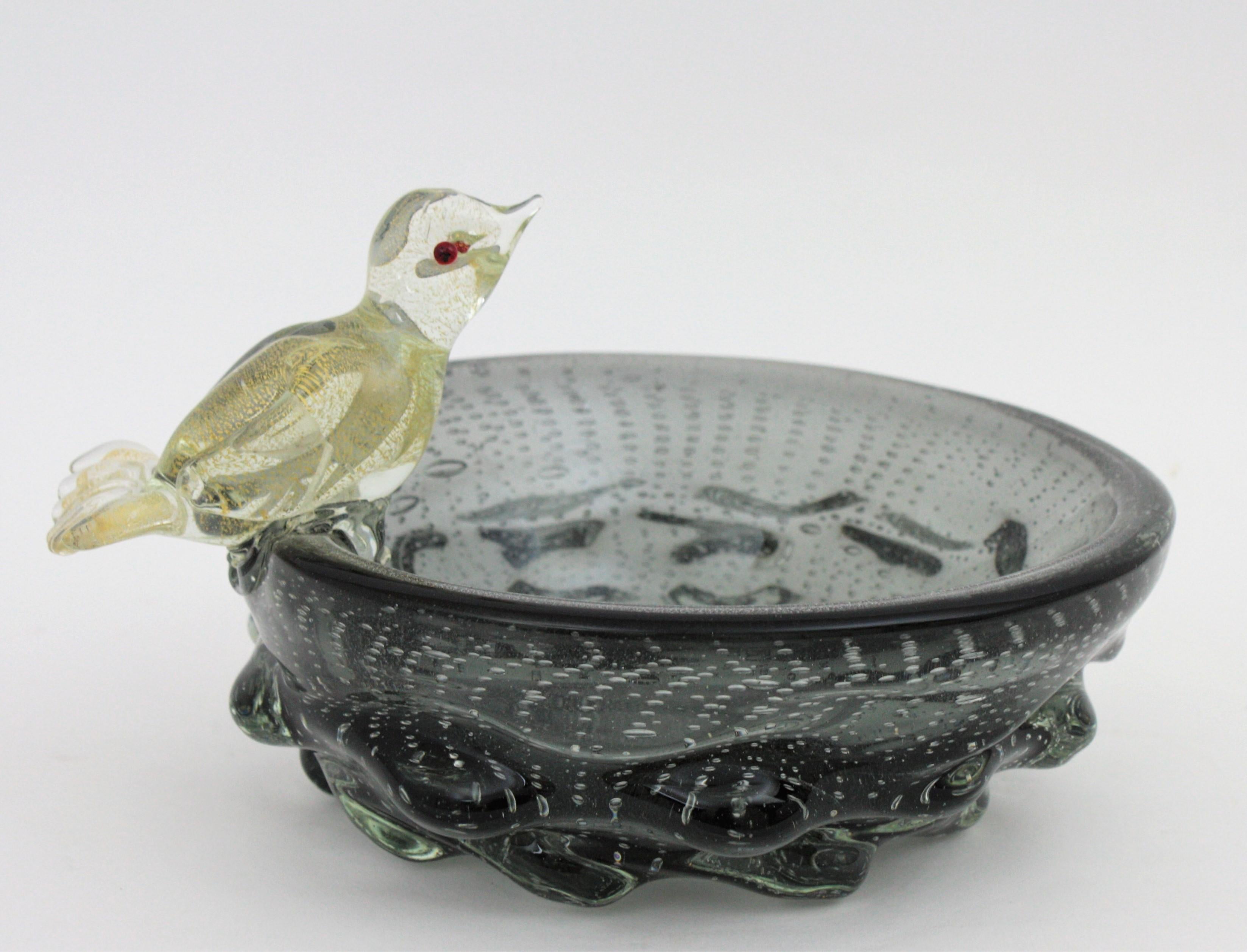Seguso Vetri D'Arte Murano Grey Silver Gold Flecks Bird Glass Centerpiece / Bowl 2