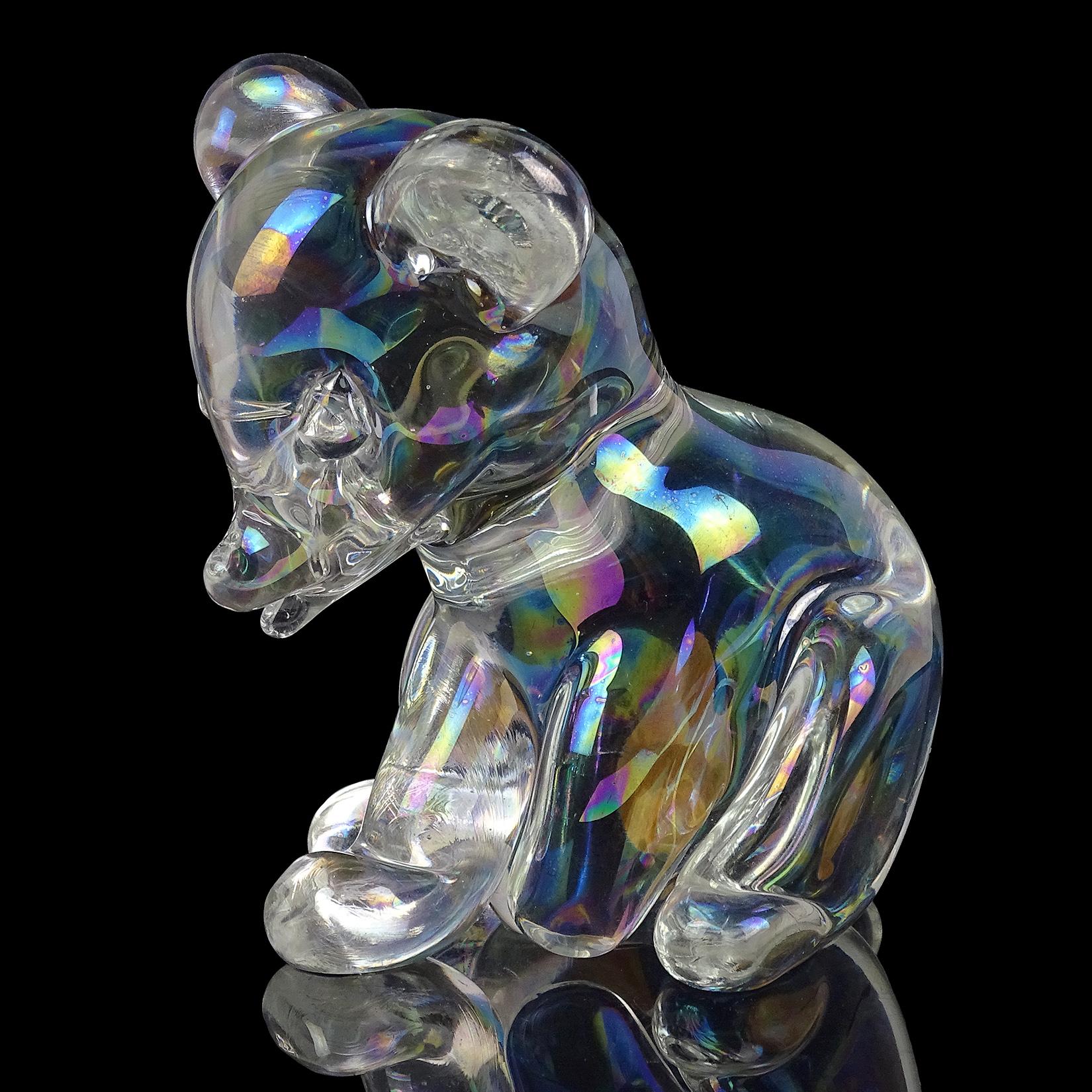 Beautiful older Murano hand blown clear glass, iridescent surface Italian art glass baby bear figure / sculpture. Documented to the Seguso Vetri d'Arte company, with original label on the side. The label reads 