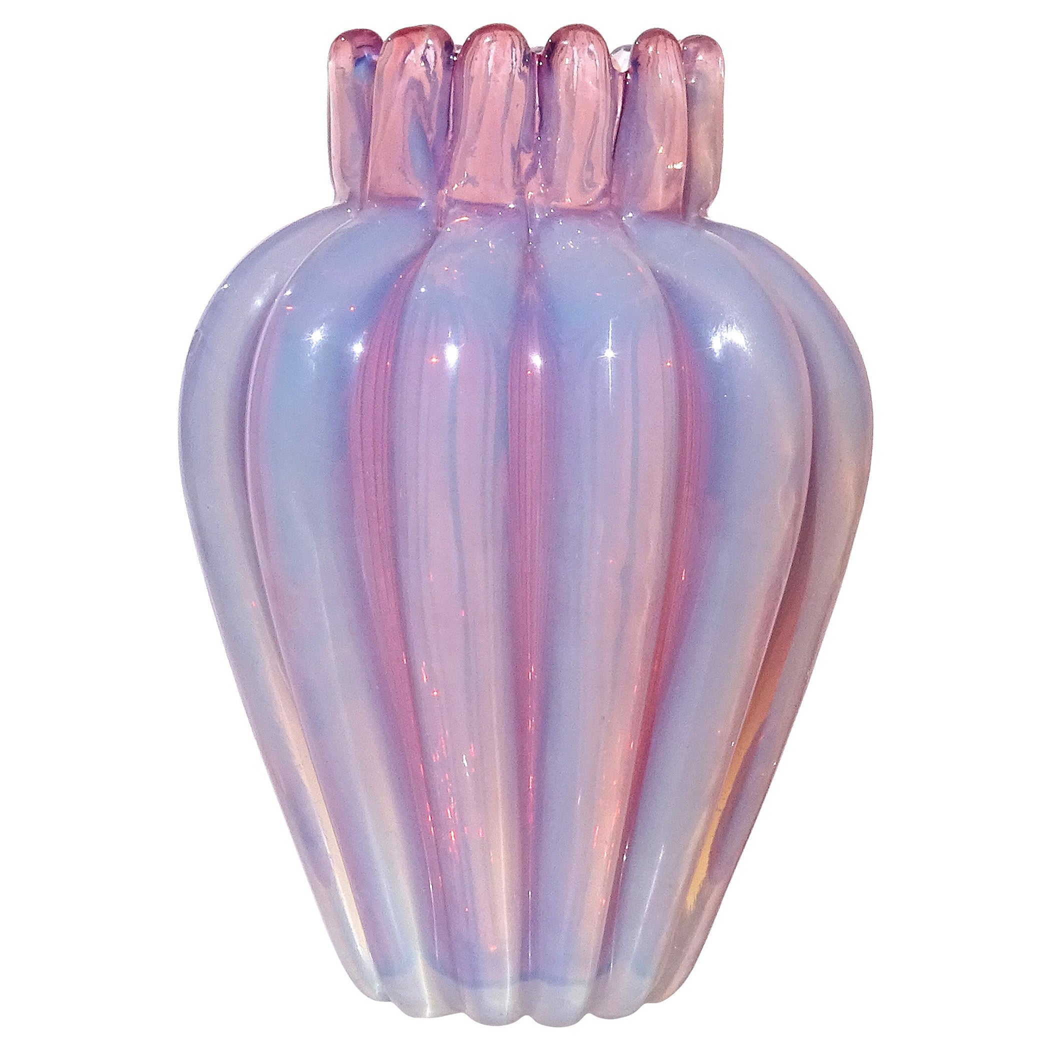 Seguso Vetri d
Arte Murano Opal Pink Italian Art Glass Ribbed Flower Bud Vase