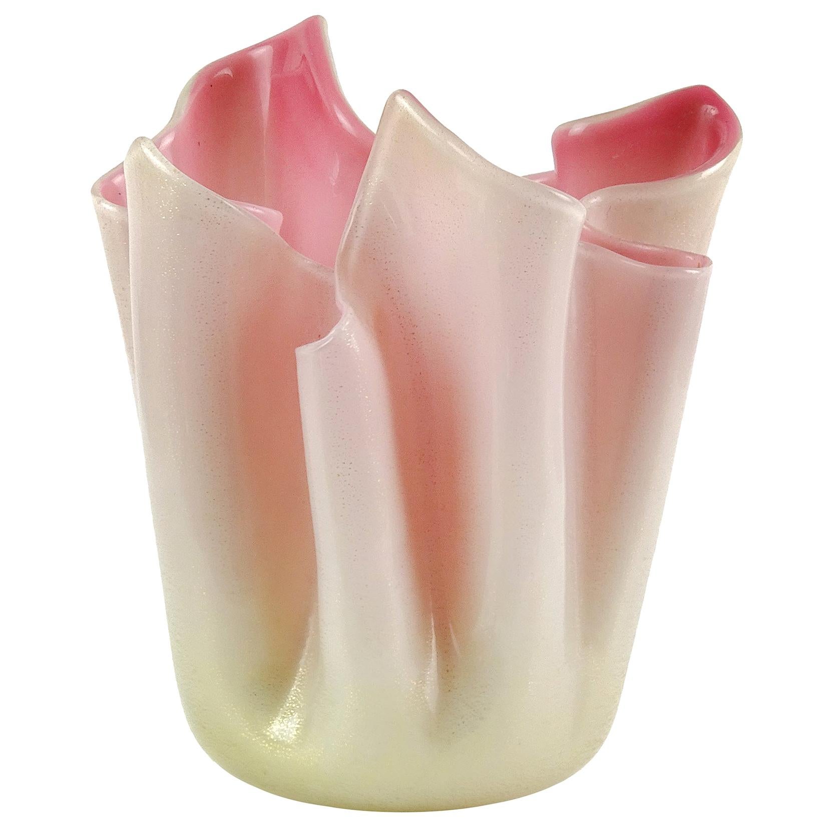 Seguso Vetri d'Arte Murano Pink Gold Flecks Italian Art Glass Fazzoletto Vase