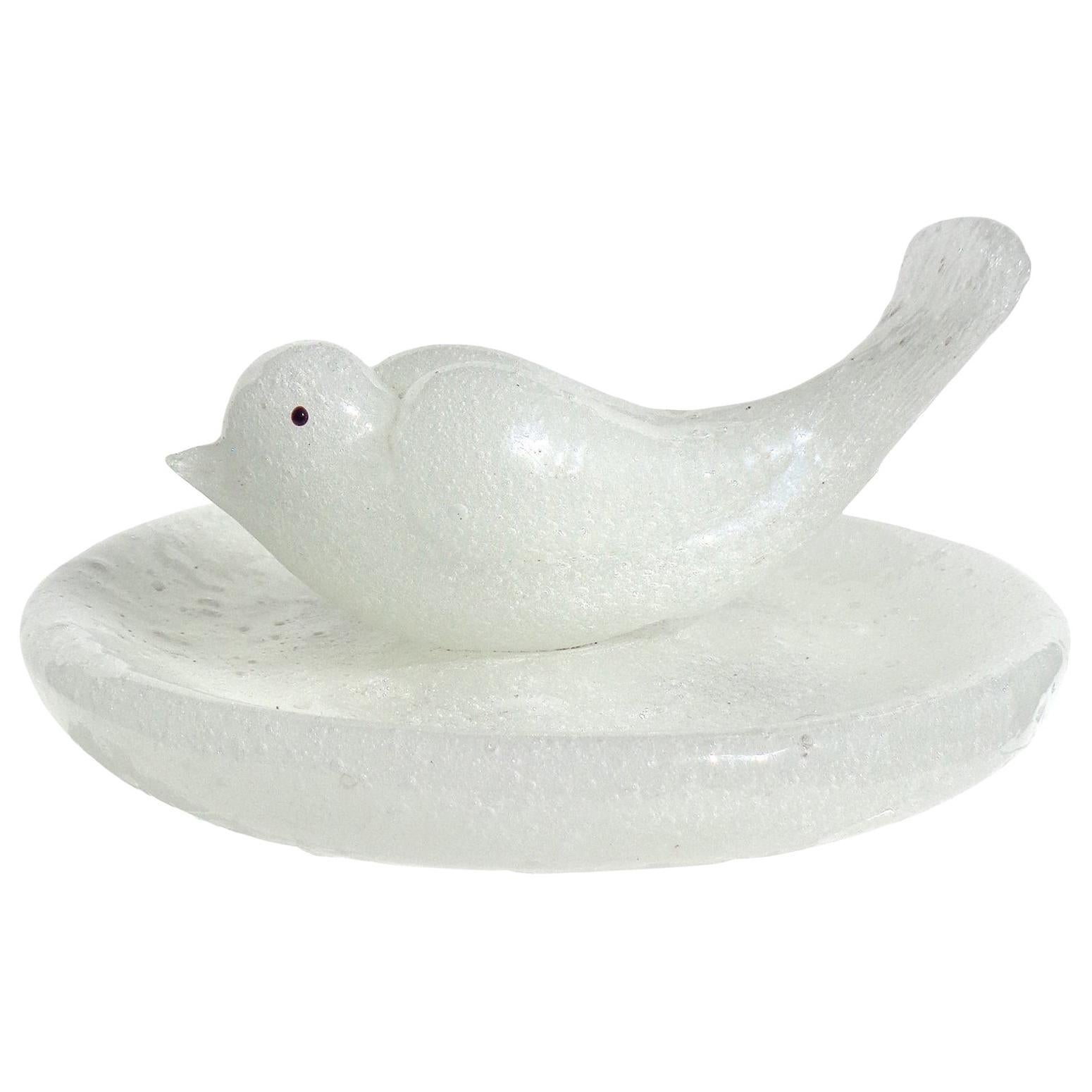 Seguso Vetri d'Arte Murano Pulegoso White Italian Art Glass Bird Bowl Dish