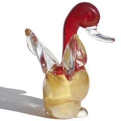 Seguso Vetri D'Arte Murano - Figure d'oiseau de canard en verre d'art italien rouge moucheté d'or