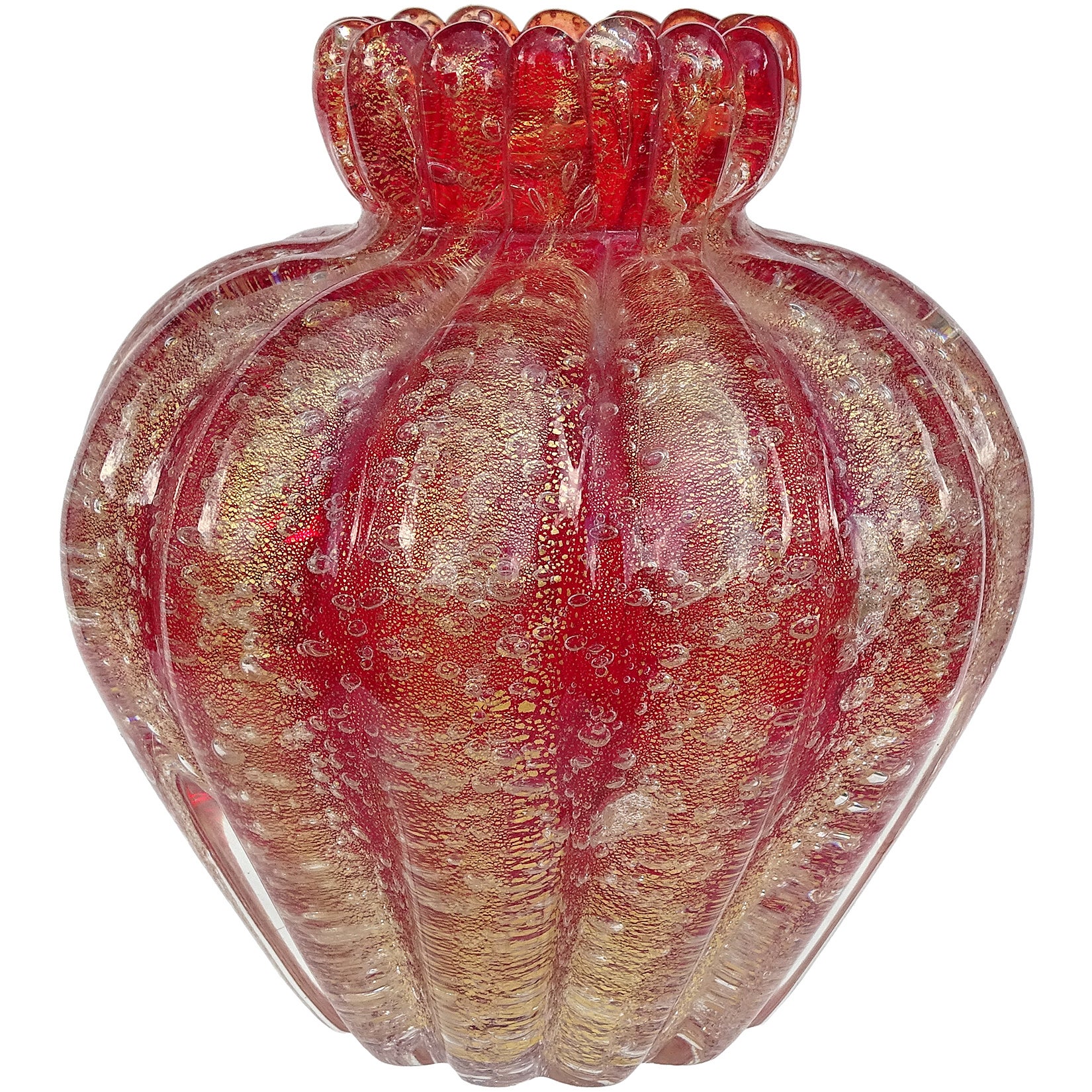 Seguso Vetri d'Arte Murano Rotgold Italienisches Kunstglas Gerippte Blütenknospe Vase