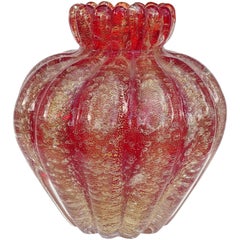 Seguso Vetri d'Arte Murano Rotgold Italienisches Kunstglas Gerippte Blütenknospe Vase