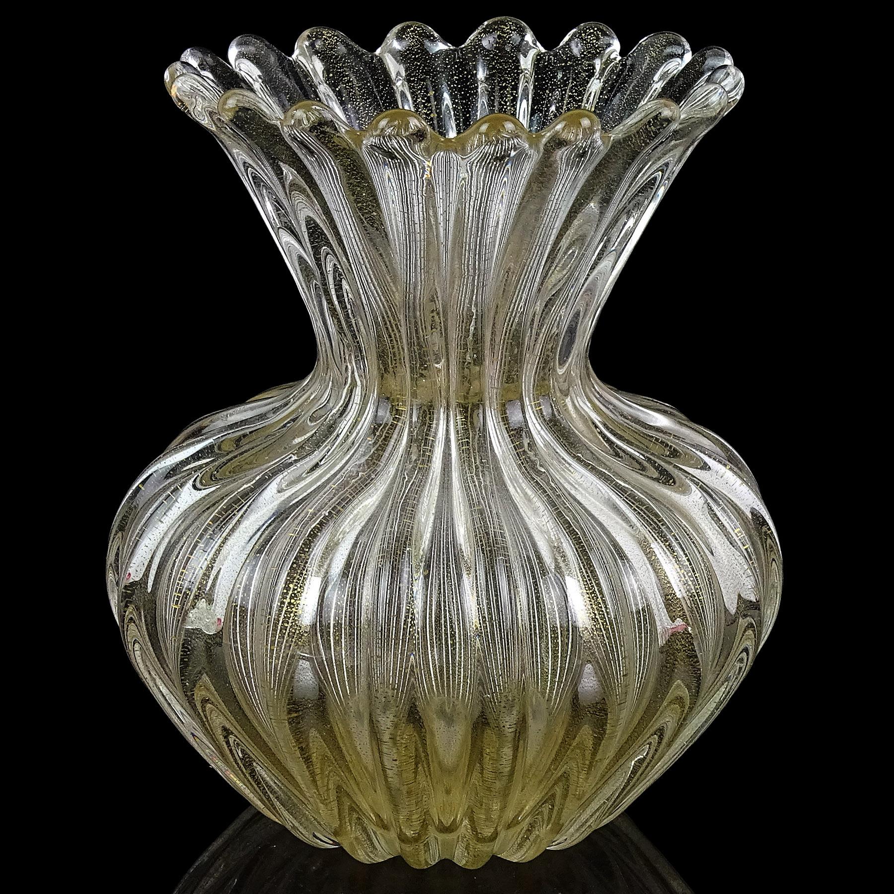 Mid-Century Modern Seguso Vetri d'Arte Murano Signed Gold Flecks Italian Art Glass Flower Vase