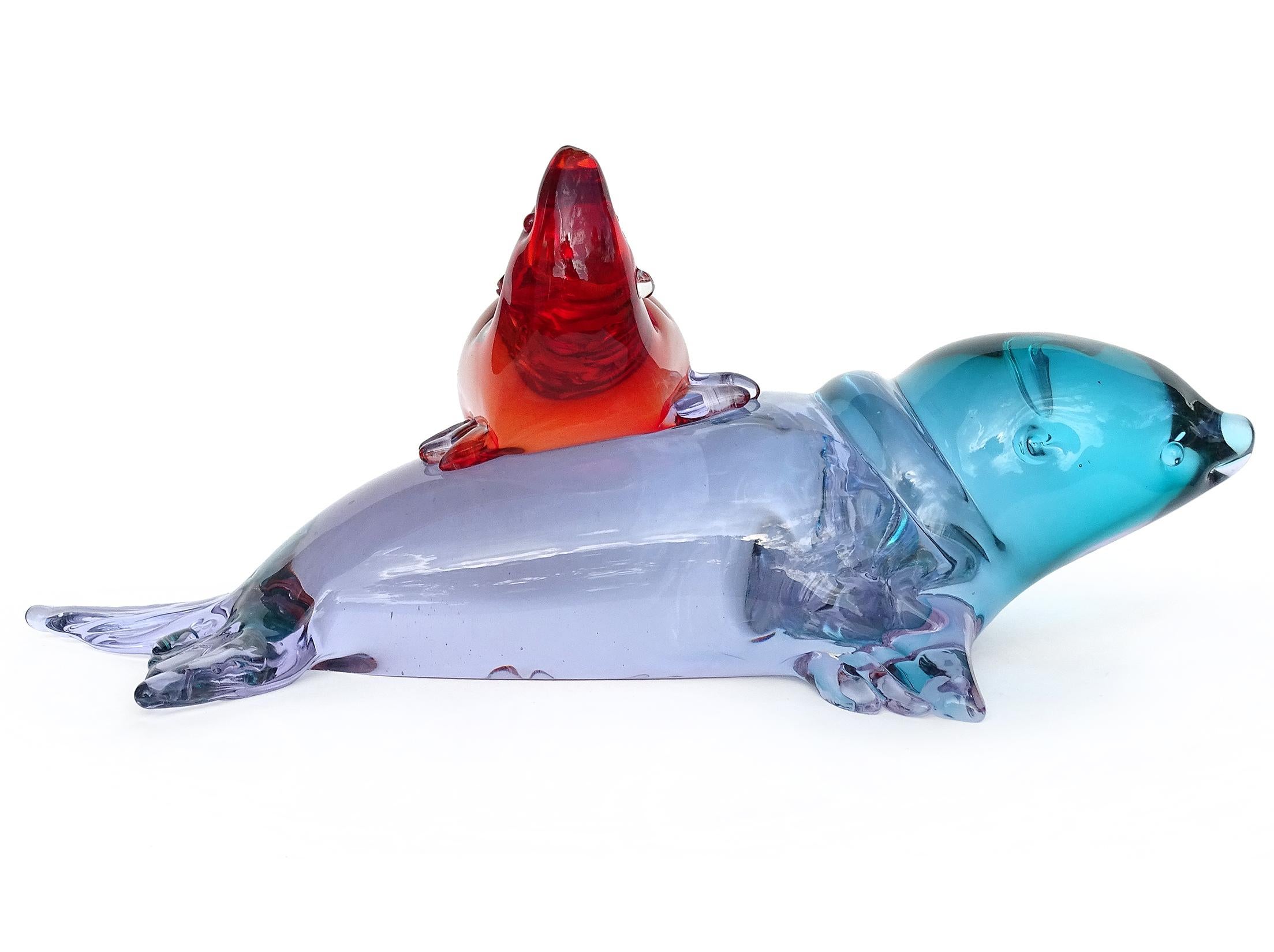 Seguso Vetri d'Arte Murano Sommerso Blue Red Italian Art Glass Seals Sculpture For Sale 2