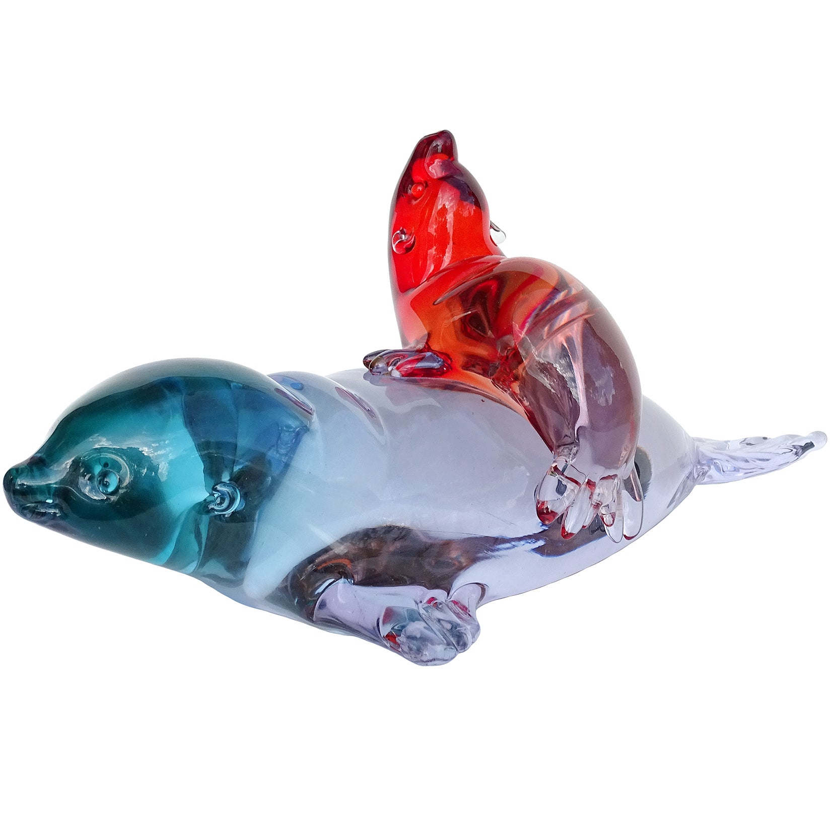 Seguso Vetri d'Arte Murano Sommerso Blue Red Italian Art Glass Seals Sculpture For Sale